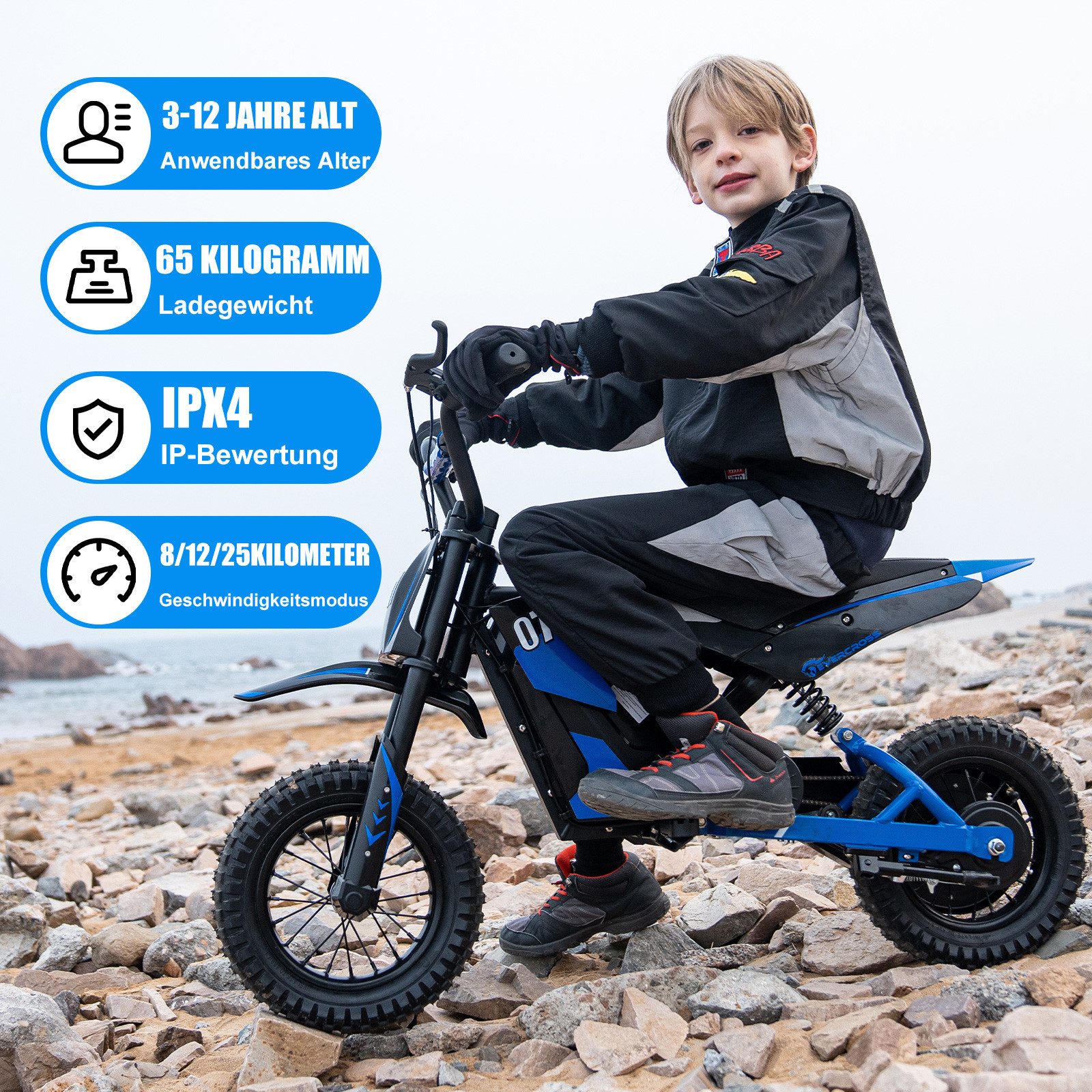 EVERCROSS TECH Elektro-Kindermotorrad EV12M, 8/12/25 KMH, 12 Zoll Luftreifen, 300W, 36V 5,2AH, 6-12 Jahre, Reichweite 15 km, Belastbarkeit 65 kg