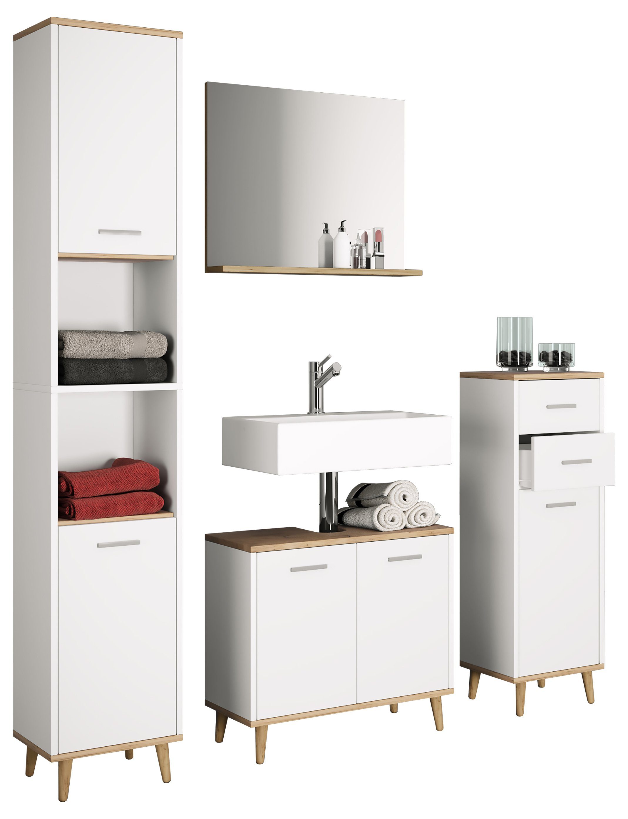 Landos Weiß Komplett VCM Set Badmöbel Honig-Eiche (4-St) Badmöbel-Set / 4-tlg. l, Badschrank