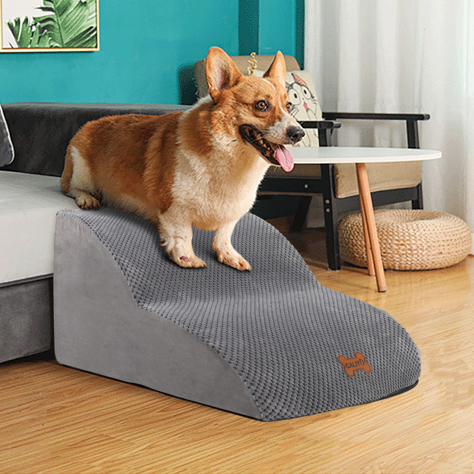 CALIYO Hunderampe Hundetreppe 2 Stufen rutschfest Haustiertreppe Katzentreppe, Abnehmbarer Stoffbezug für Kleine Hunde Welpe Katzen