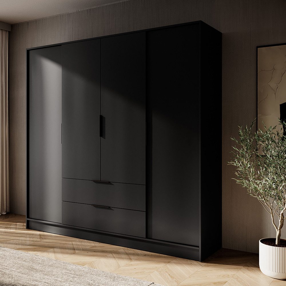Lomadox Kleiderschrank KNOCK-160 in schwarz, 4 Türen, 2 Schubkästen, 206 cm breit – Bild 4 von 5