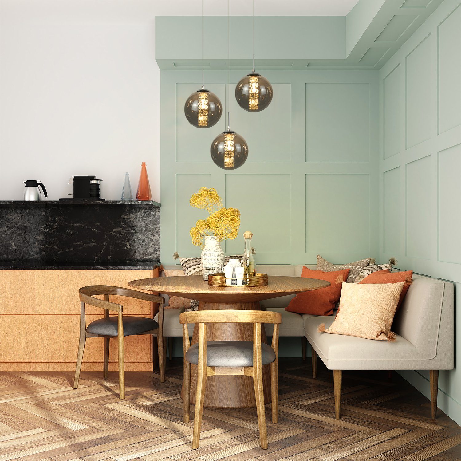 ZMH Pendelleuchte Esstisch 150CM Höhenverstellbar Pendellampe Kronleuchte Wohnzimmer, Glaskugel Hochwertige Design, LED wechselbar, 3-Flammig Grau Esszimmerlampe Schlafzimmer