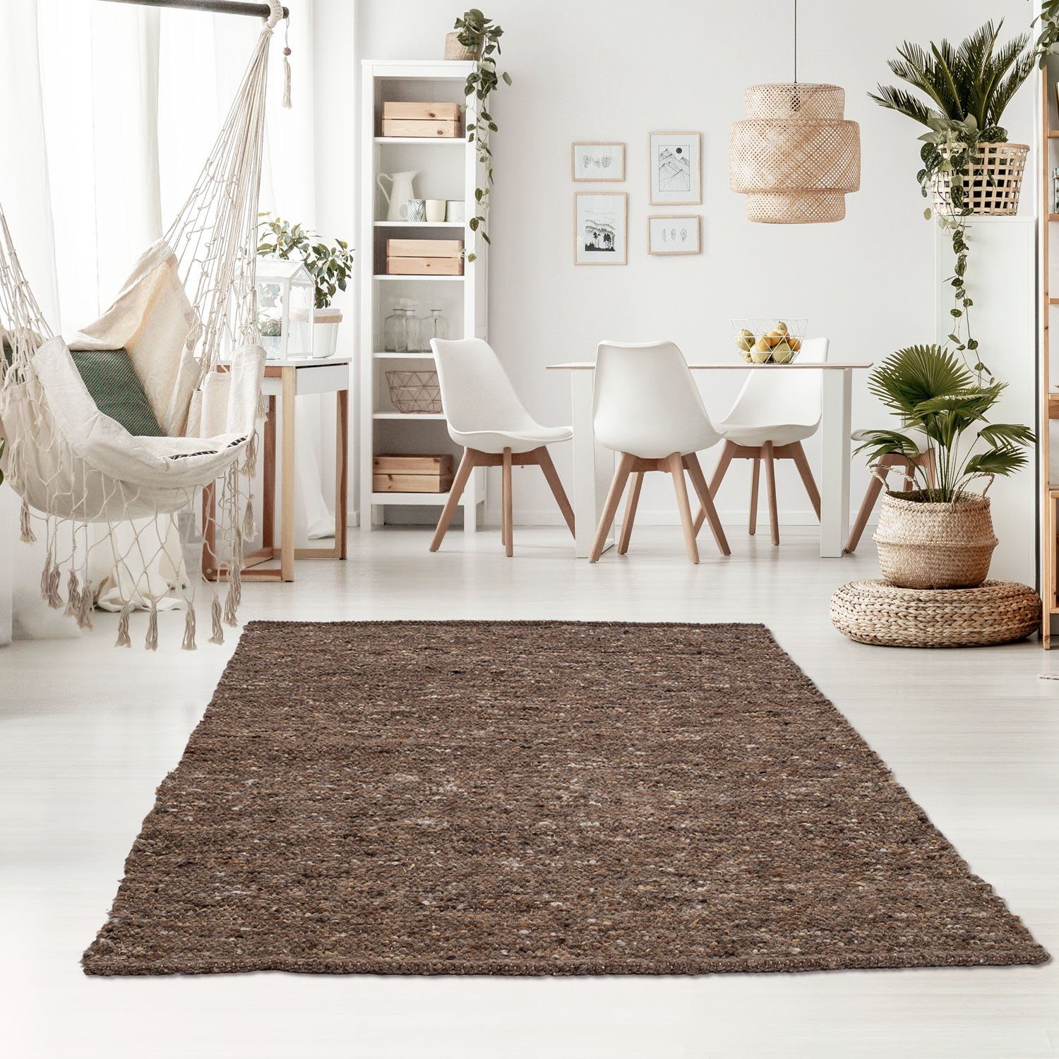 Wollteppich TaraCarpet Handwebteppich Oslo, TaraCarpet, rechteckig, Höhe: 10 mm, Schurwolle Handgewebt braun meliert Wohnzimmer Schlafzimmer 060x090 cm braun multi