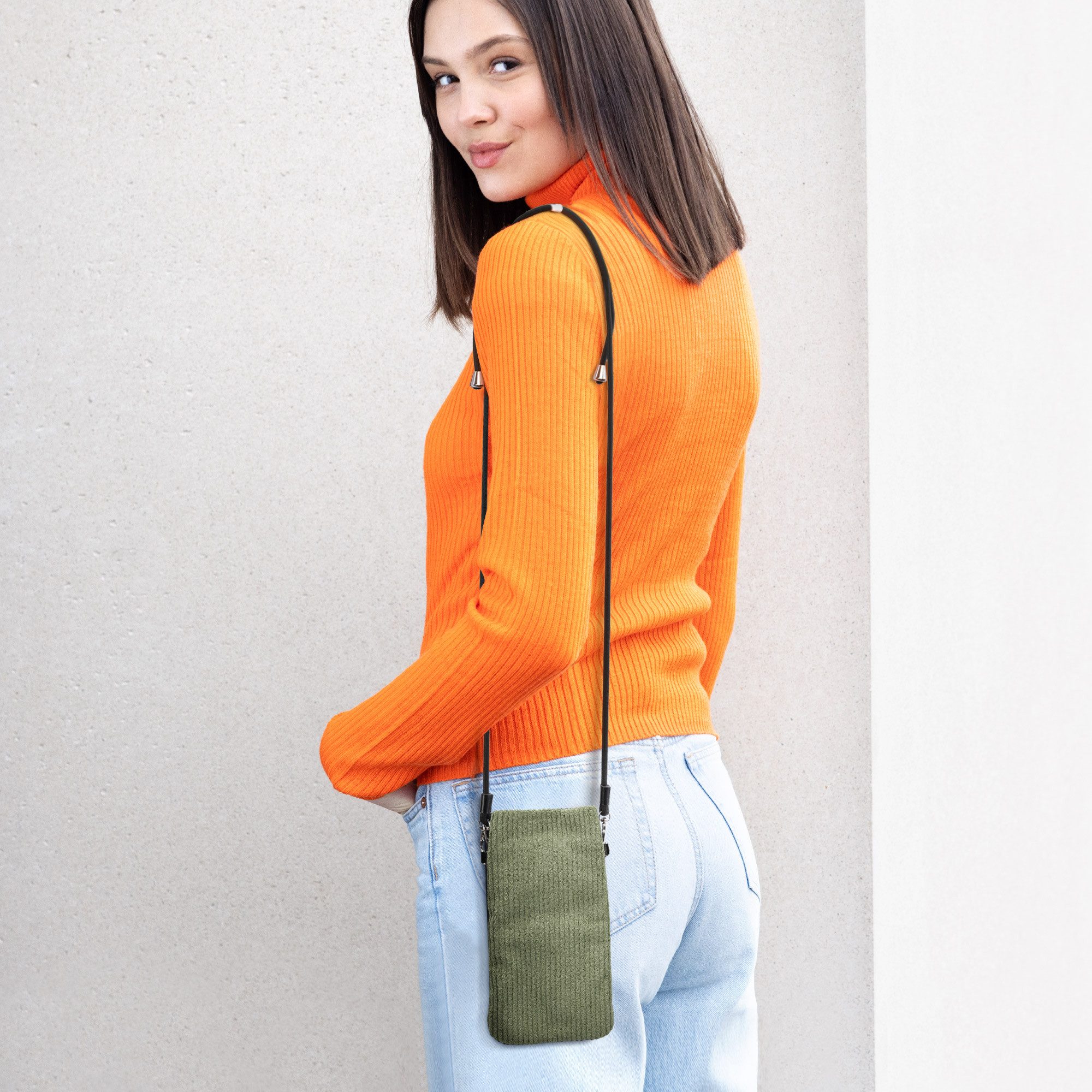 kwmobile Handytasche Handytasche für Smartphones XXL - 7" Handy Tasche (1-tlg), Cord Handy Hülle Graugrün mit Kordel - Handy Tasche