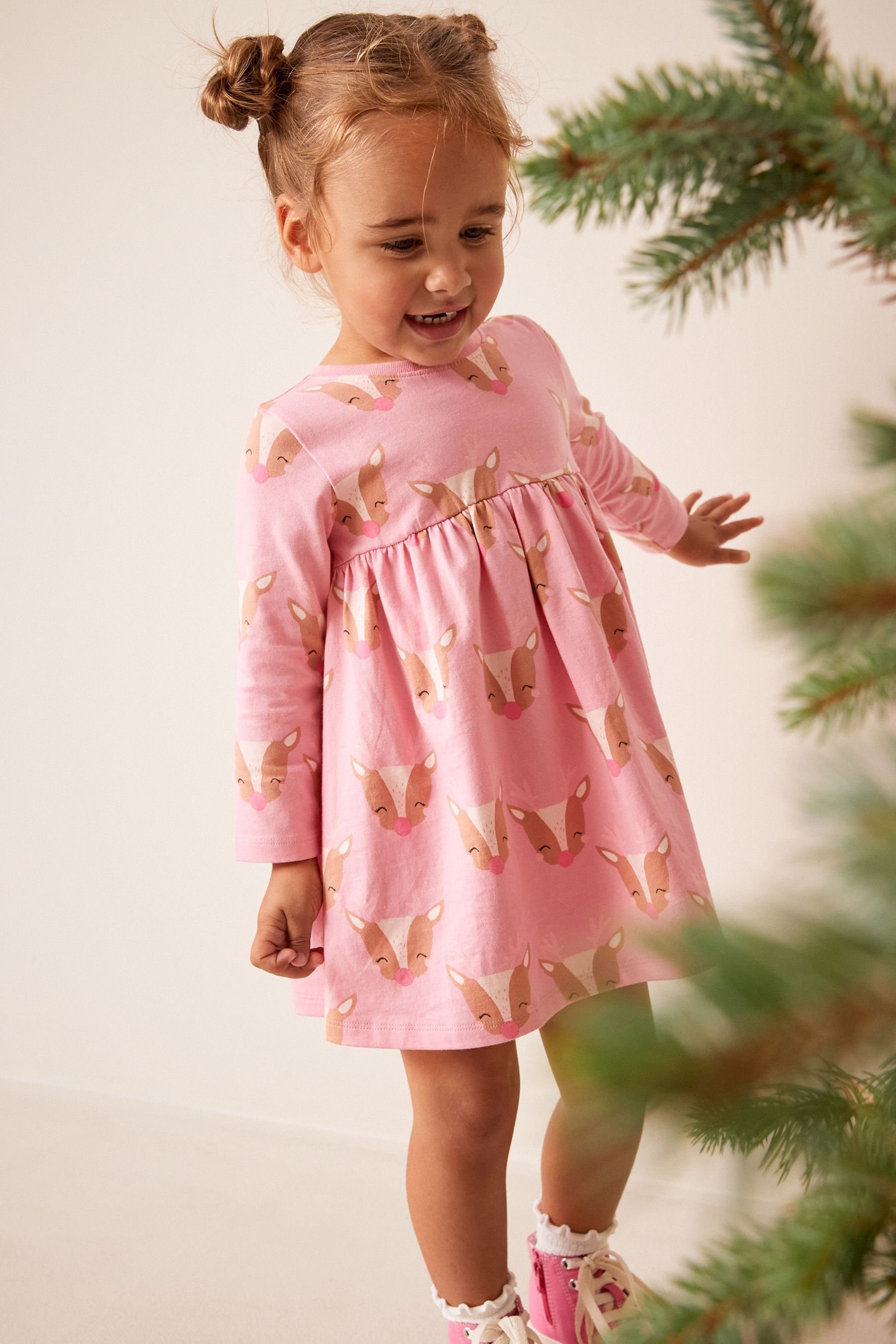 Pink (1-tlg) Weihnachtliches Jerseykleid Reindeer Jerseykleid Next