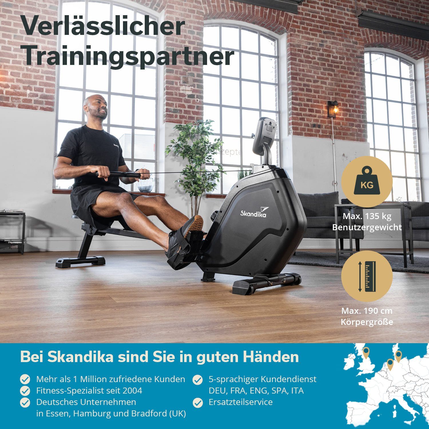 Skandika Rudergerät Munin, Fitnessgerät für zuhause, klappbar, Kinomap App kompatibel, 16-stufiger Magnetwiderstand, 8 kg Schwungmassensystem, LED-Display