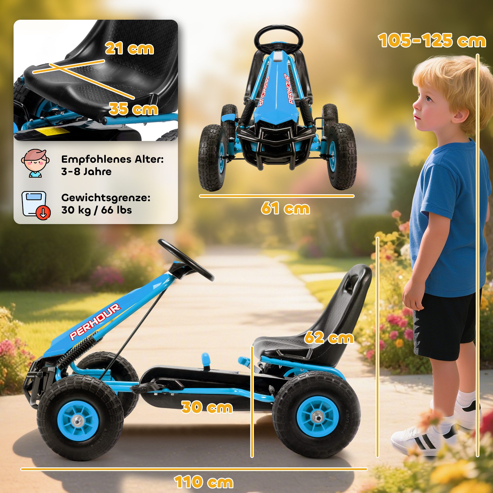 AIYAPLAY Go-Kart Tretauto mit Handbremse, verstellbarem Sitz, Pedalantrieb, für Kinder 3-8 Jahren, Blau