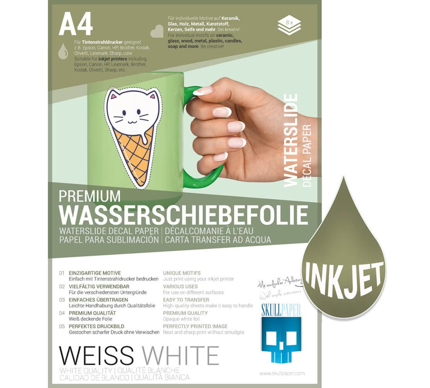 Skullpaper Dekorationsfolie Premium Wasserschiebefolie Transferfolie A4 Tintenstrahl, (Wasserschiebefolie, 8St.}, 8 A4 Bögen)