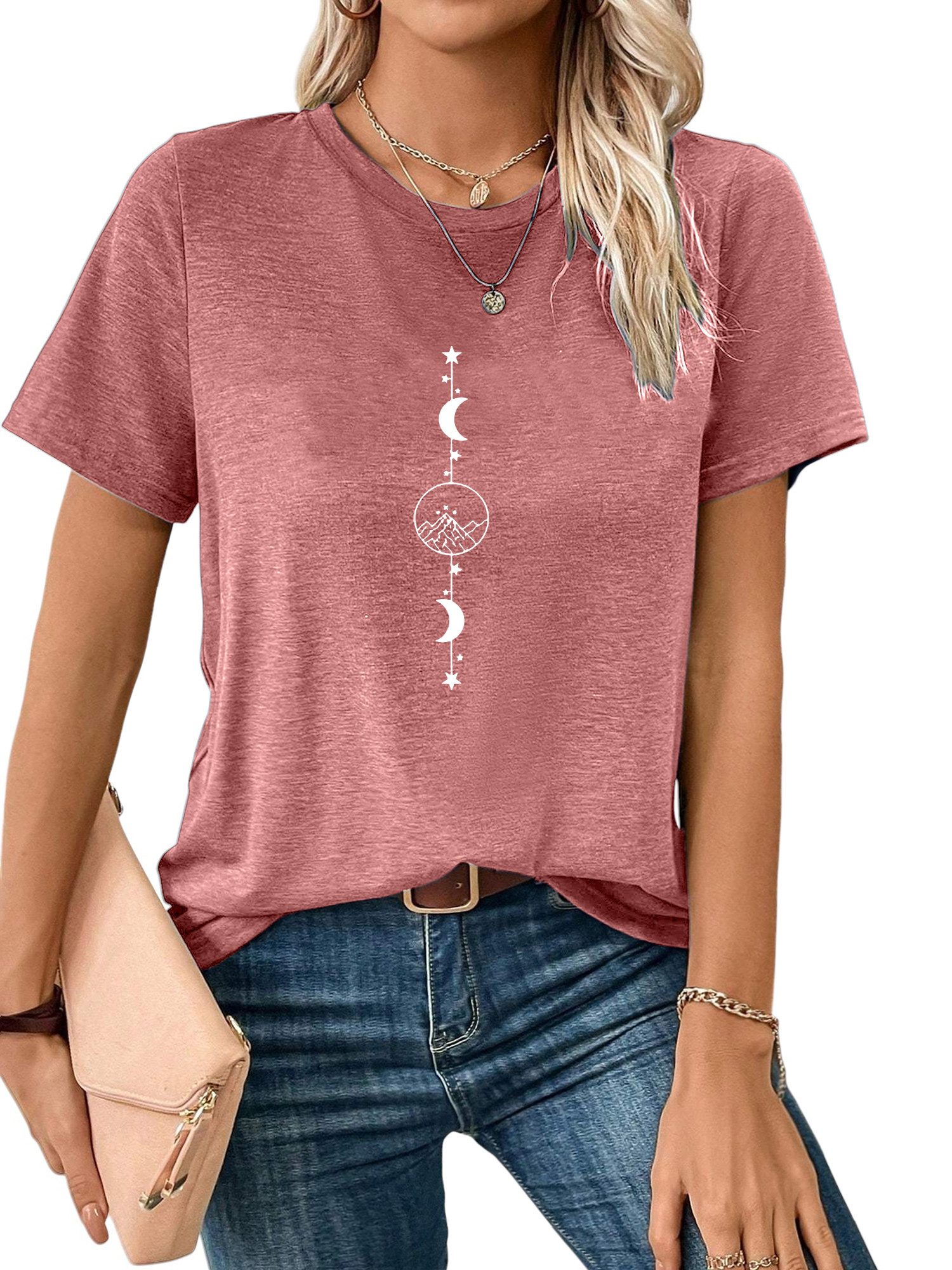 PYLIKE Rundhalsshirt Damen Casual Kurzarmshirt mit Druck bequemes t shirt Bequem für Freizeit und Büro,Strandurlaub