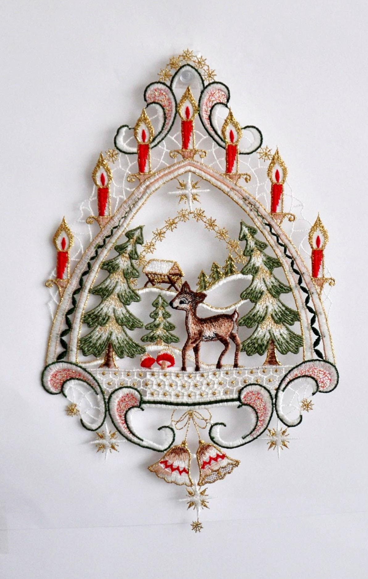 Stickereien Plauen Fensterbild Reh im Wald