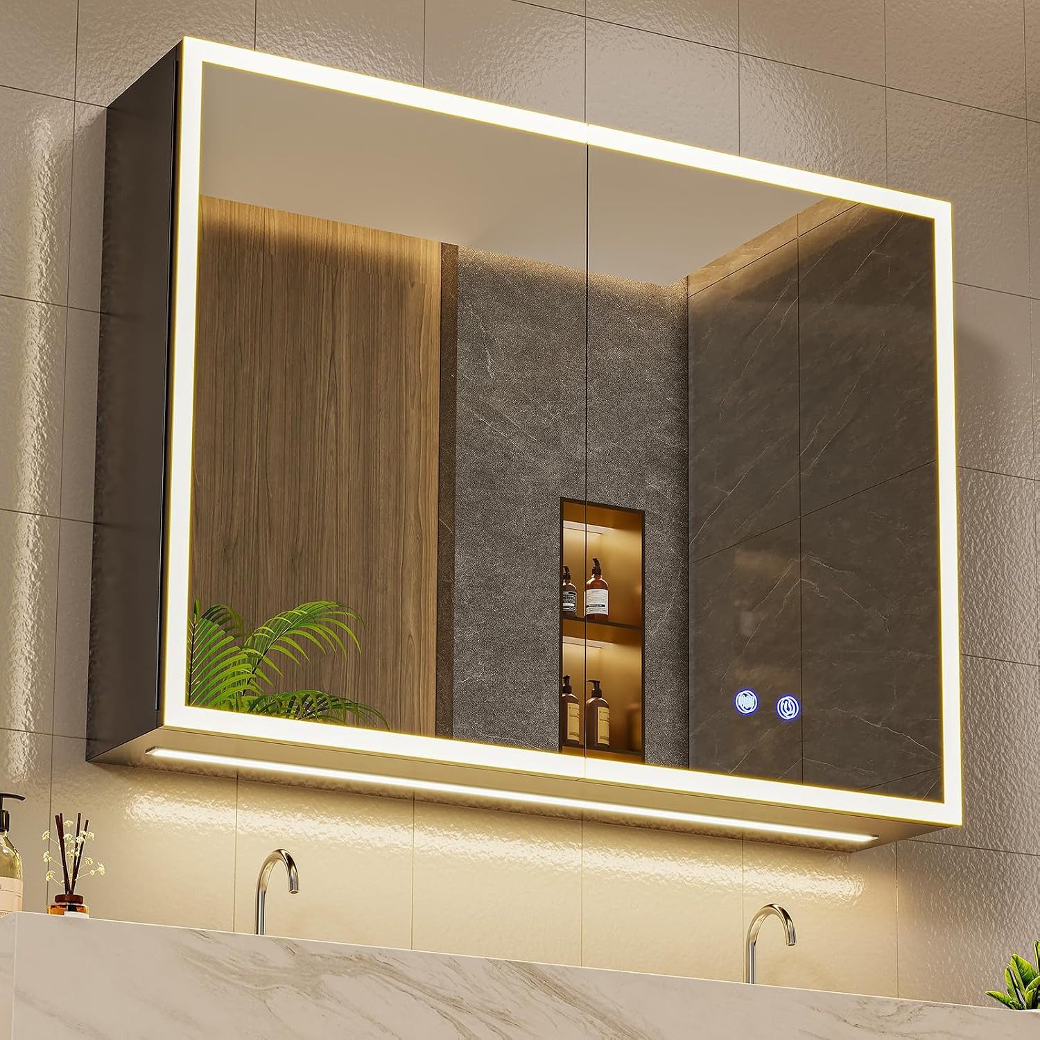 MSMASK Spiegelschrank aus Metall mit LED Beleuchtung und Steckdose, 80x14x60 cm, Schwarz (1-St) Badschrank mit Anti‑Fog, Verstellbaren Ablagen, 3 Farbtemperatur