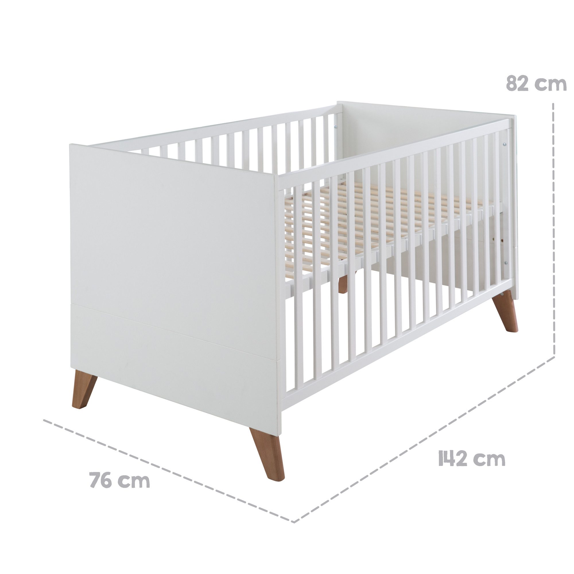 roba® Babybett Ole 70 x 140 cm aus Holz - Weiß lackiert - Füße aus Massivholz, 3-fach Höhenverstellbar, 3 Schlupfsprossen, umbaubares Gitterbett
