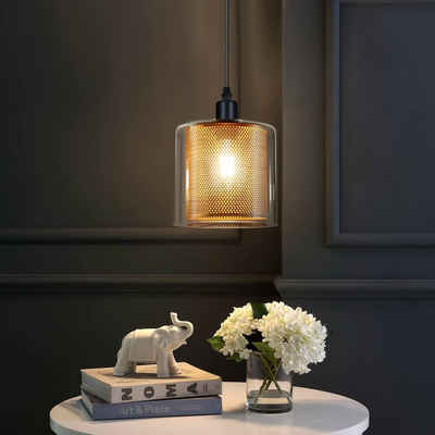 Pendel Lampe Textil Schirm Hänge Leuchte Gold Wohnzimmer Decken Strahler 3-flg 