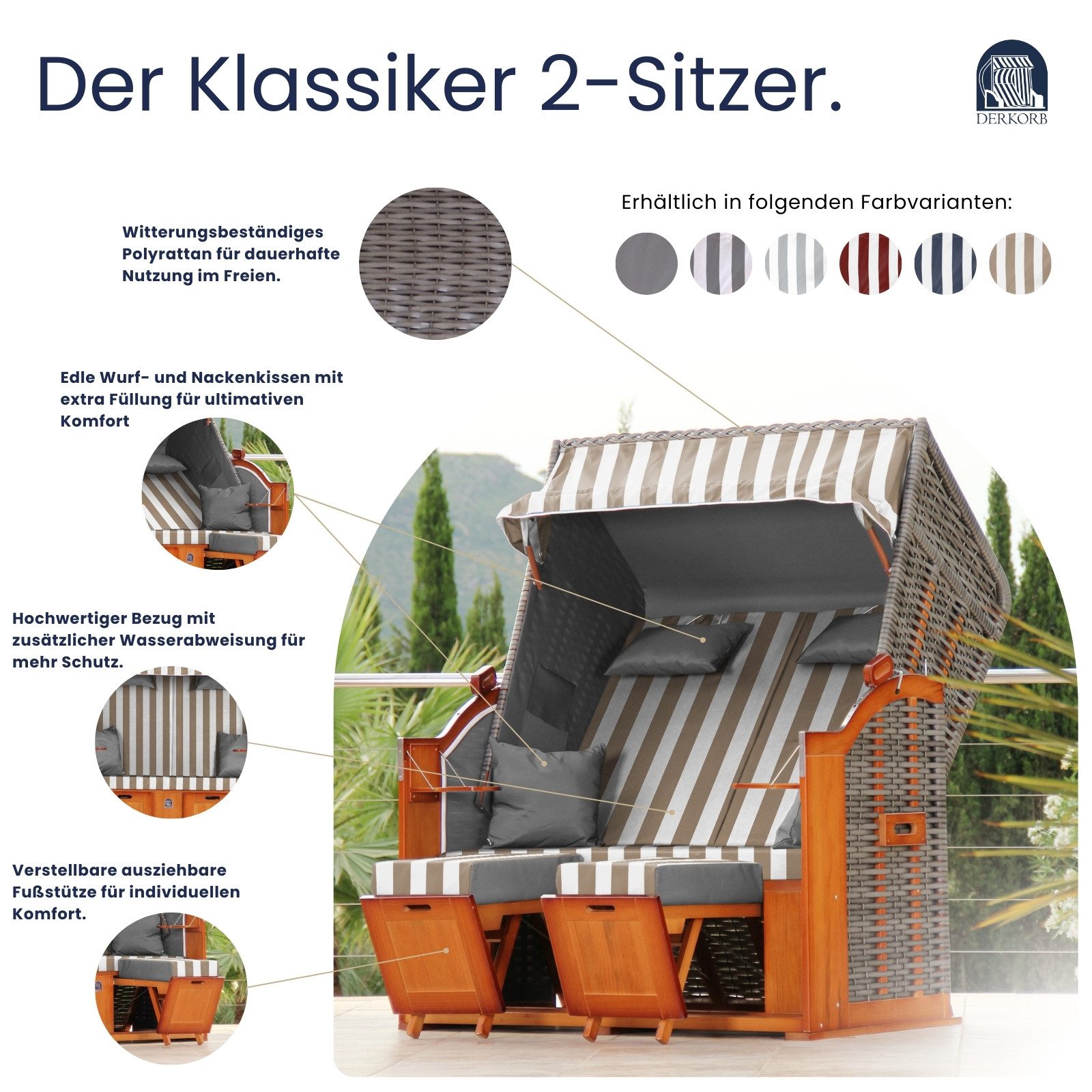DERKORB Strandkorb Der Klassiker - 2-Sitzer, BxTxH: 137x78x166 cm, Volllieger, Ostsee-Modell DER KLASSIKER, 2-Sitzer, inkl. Wurf und Nackenkissen und montierten Strandkorbrollen