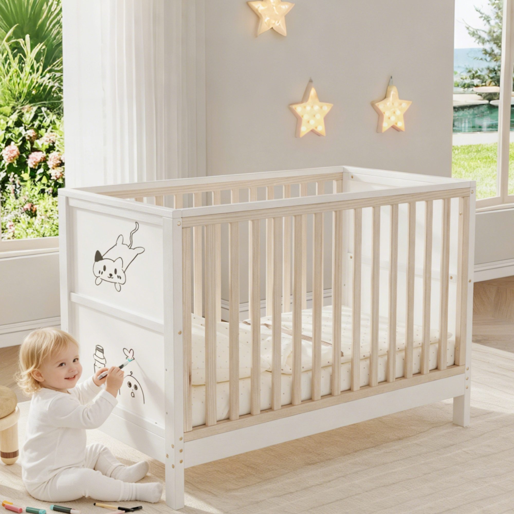 Flieks Babybett umwandelbar zum Beistellbett/Sofa, Babybett mit bemalbaren Tafeln, 3-fach höhenverstellbar, 120×60×90cm