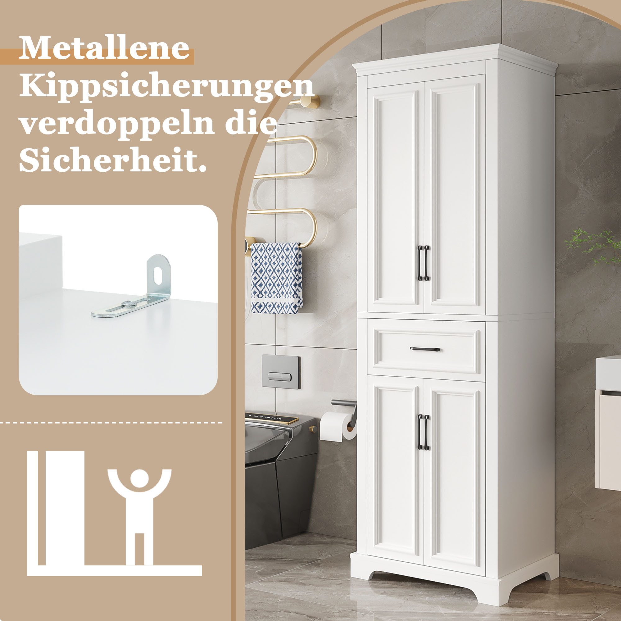 Merax Hochschrank Badezimmerschrank mit 3 Schubladen, 2 Tür, 3 Ablagefächer (1-St., Höhenverstellbare Böden, Soft-Close) 57x38x180cm, Vitrinen für Wohnzimmer – Bild 5 von 5