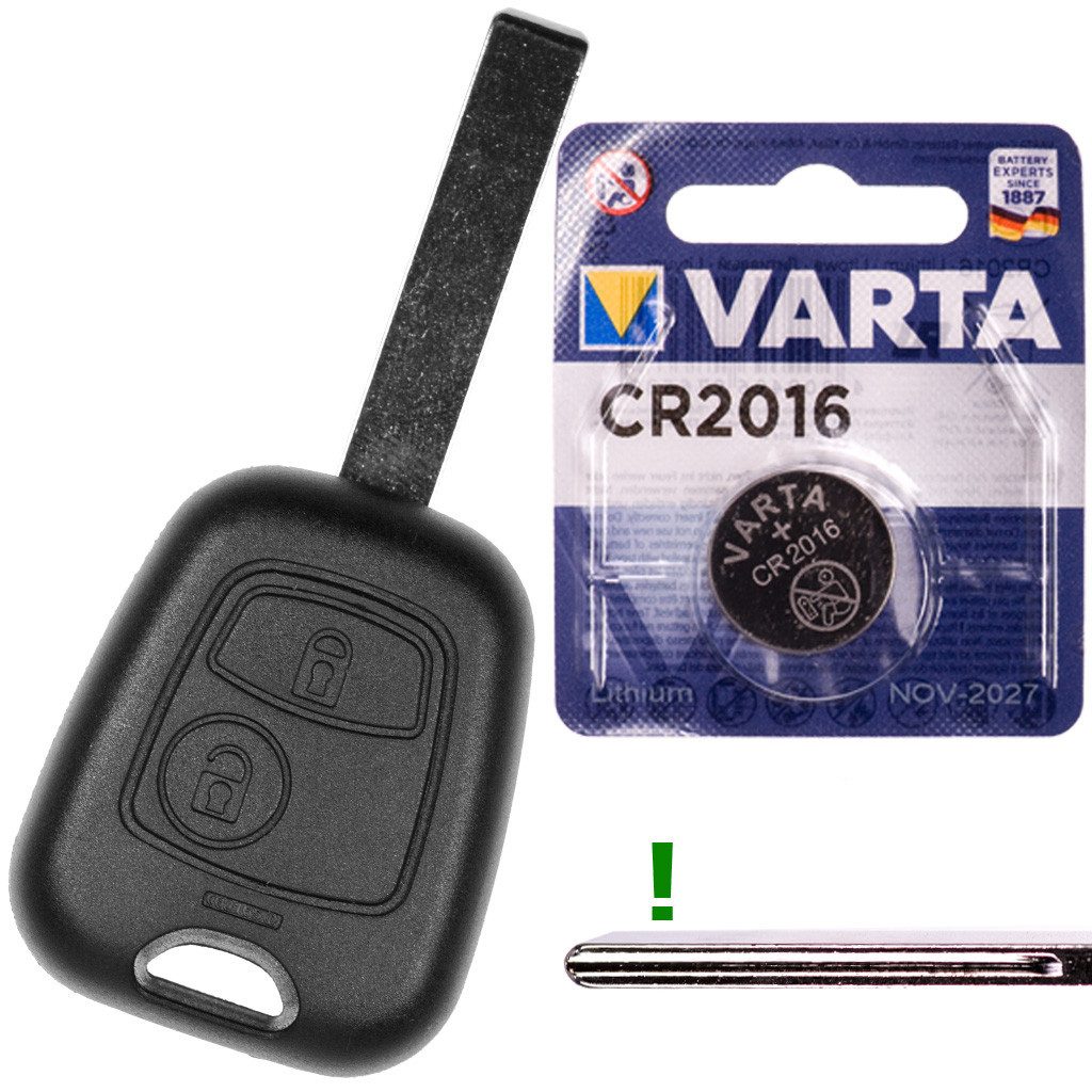 mt-key Auto Schlüssel Ersatz Gehäuse 2 Tasten + HU83 Rohling + VARTA CR2016 Knopfzelle, CR2016 (3 V), für Peugeot 207 307 308 I Citroen C4 Funk Fernbedienung