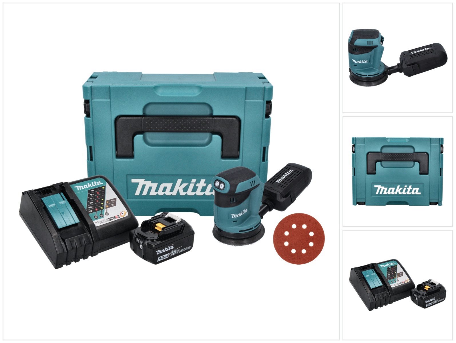 Makita Akku-Exzenterschleifer DBO 180 RT1J 18 V 125 mm + 1x Akku 5,0 Ah + Ladegerät