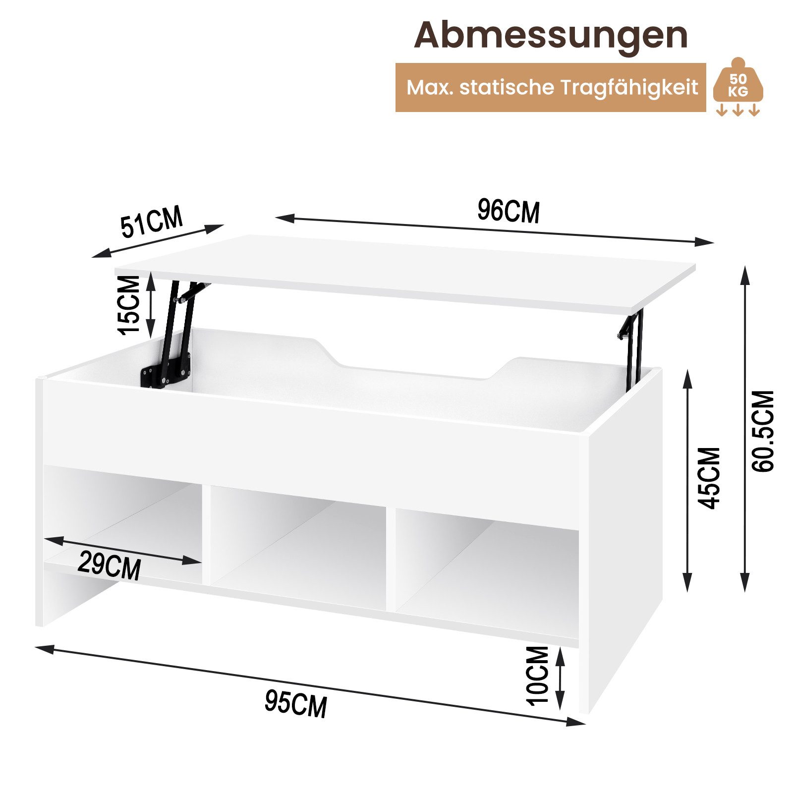 Woltu Couchtisch (1-St), mit Hebeplatte, höhenverstellbar ausziehbar, Lift-Top-Tisch weiß