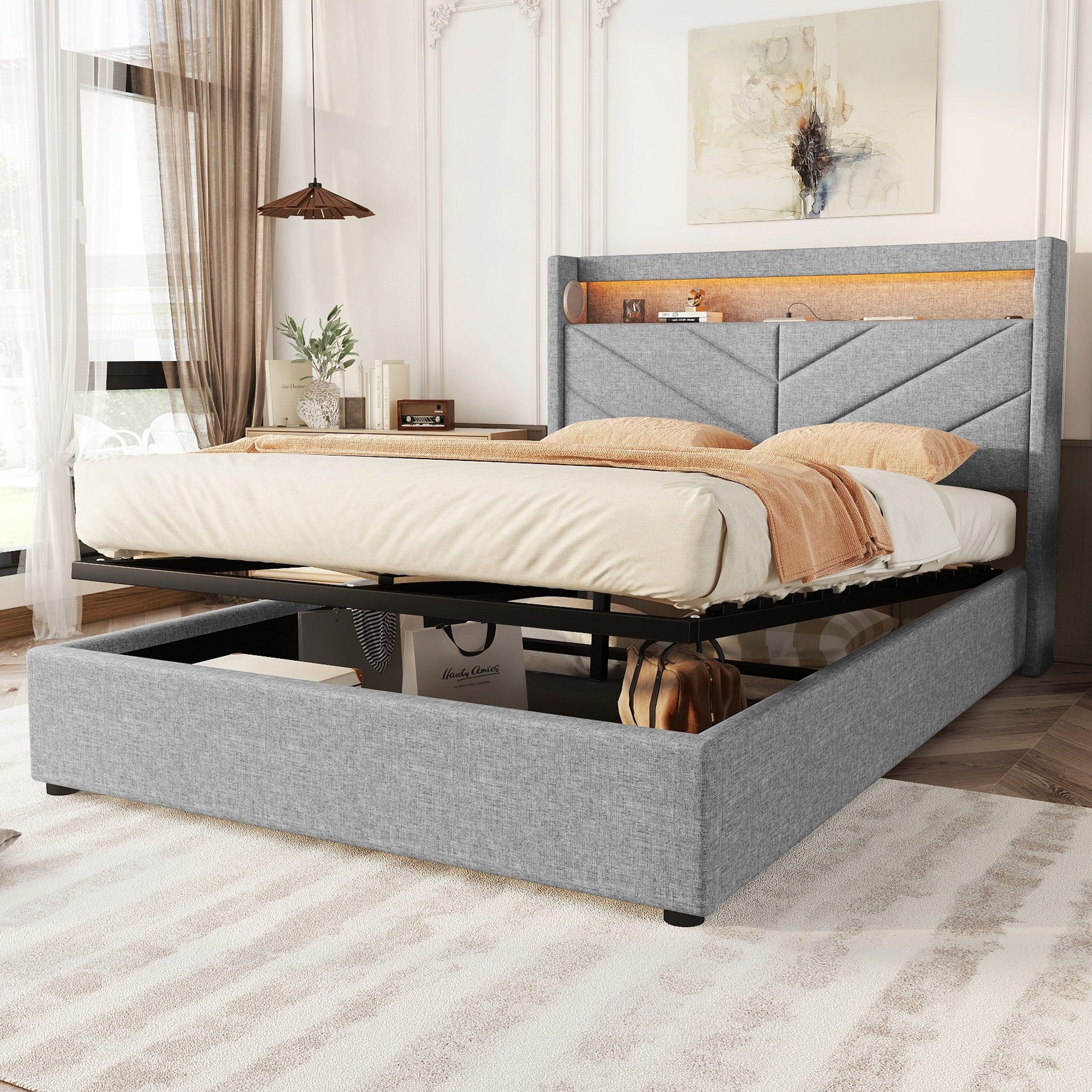 Flieks Polsterbett, LED Hydraulisches Doppelbett 140x190cm mit USB-Laden un günstig online kaufen
