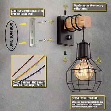 Novzep Wandleuchte Wandlampe Dimmbar,Retro Lampe aus Metall und Holz E27 mit Schalter