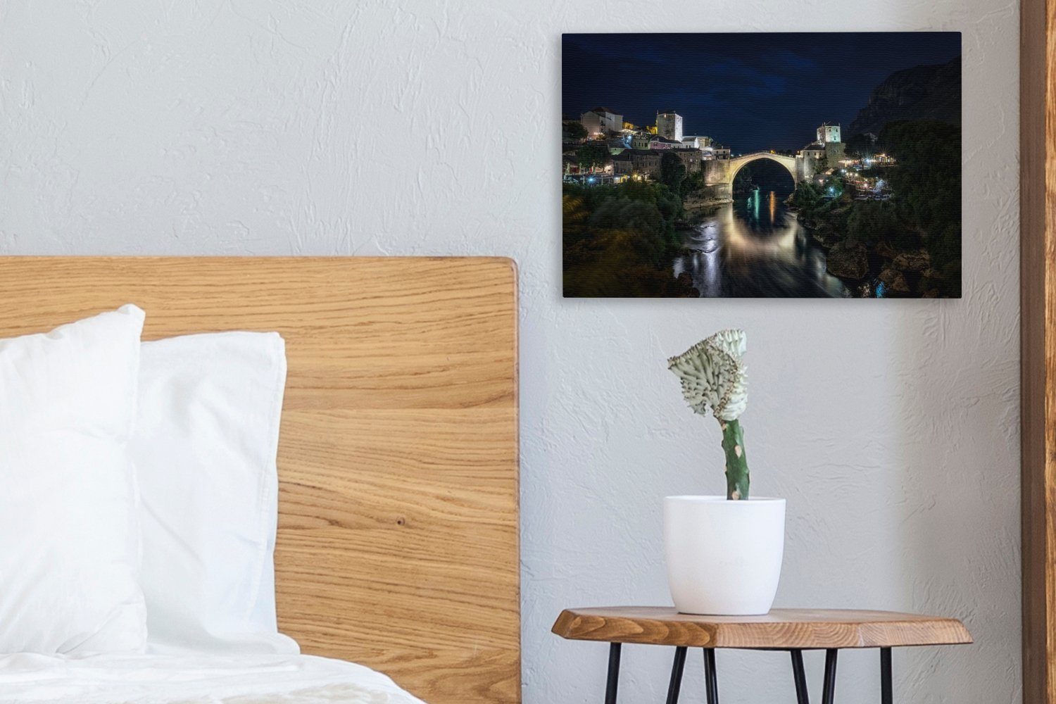 OneMillionCanvasses® Leinwandbild Leinwandbilder, ist 30x20 Wanddeko, Wandbild in und am cm (1 Bosnien Aufhängefertig, St), Die Herzegowina Stari-Most-Brücke Abend