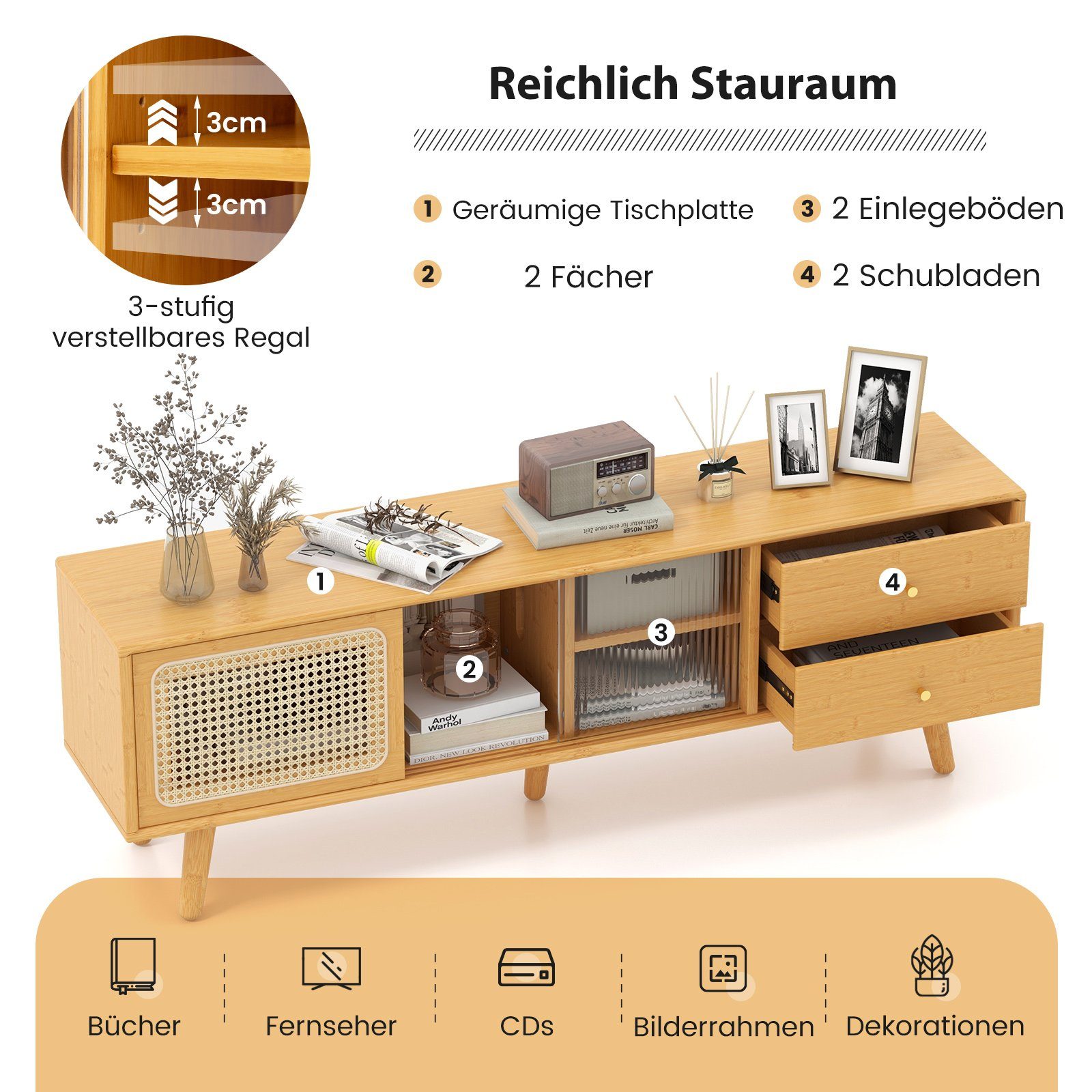 COSTWAY TV-Schrank mit 2 Schiebetüren, Glas und Bambus 2 Schubladen 140cm – Bild 3 von 5