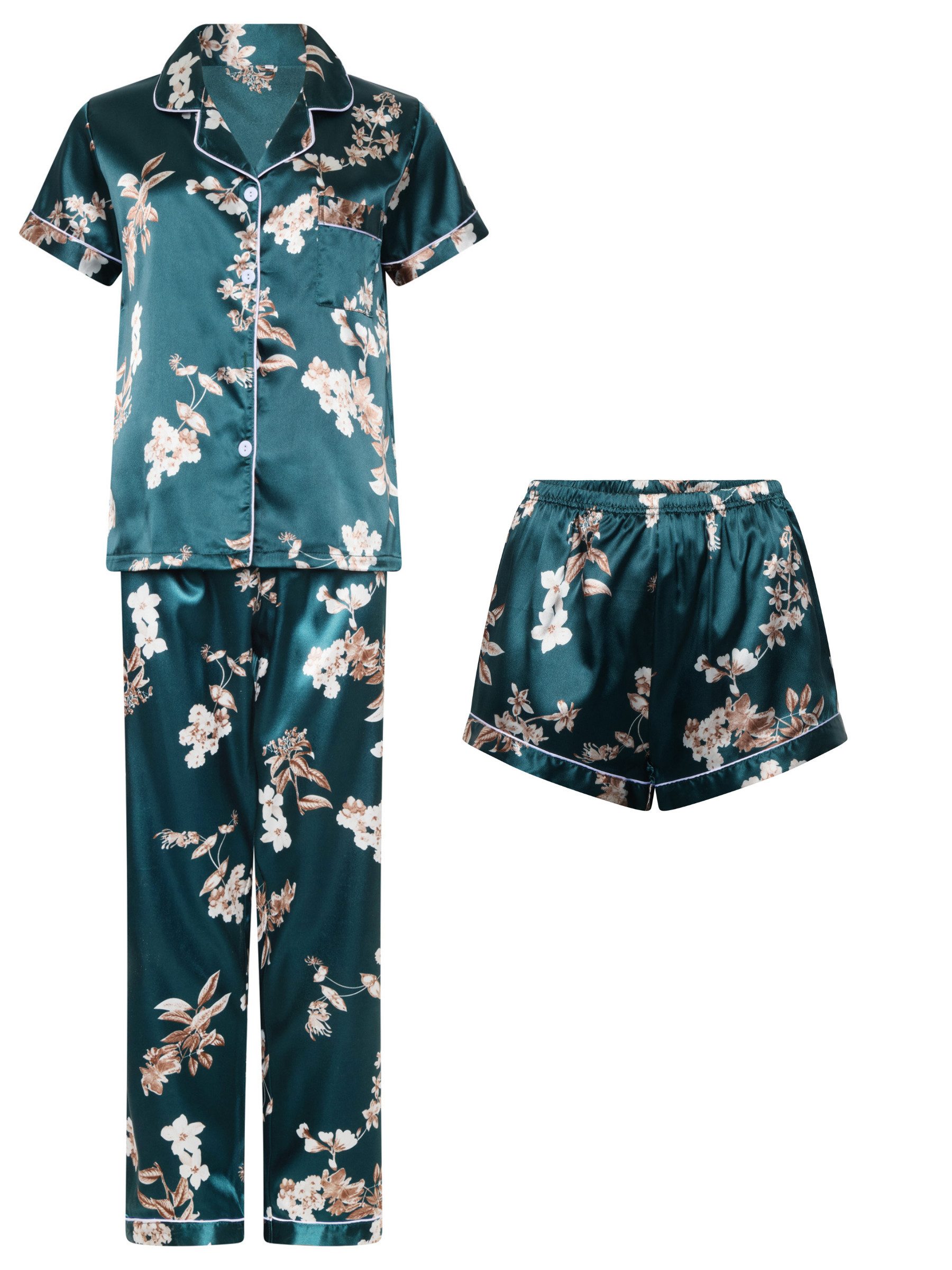 Elegant Love Schlafanzug Nachtwäsche-Set für Damen – Loungewear für entspannte Nächte (Set, 3 tlg., Kurzarm-Oberteil + langer Hose + Shorts) Elegantes Pyjama-Set mit Blumenmuster – Satin-Schlafoutfit