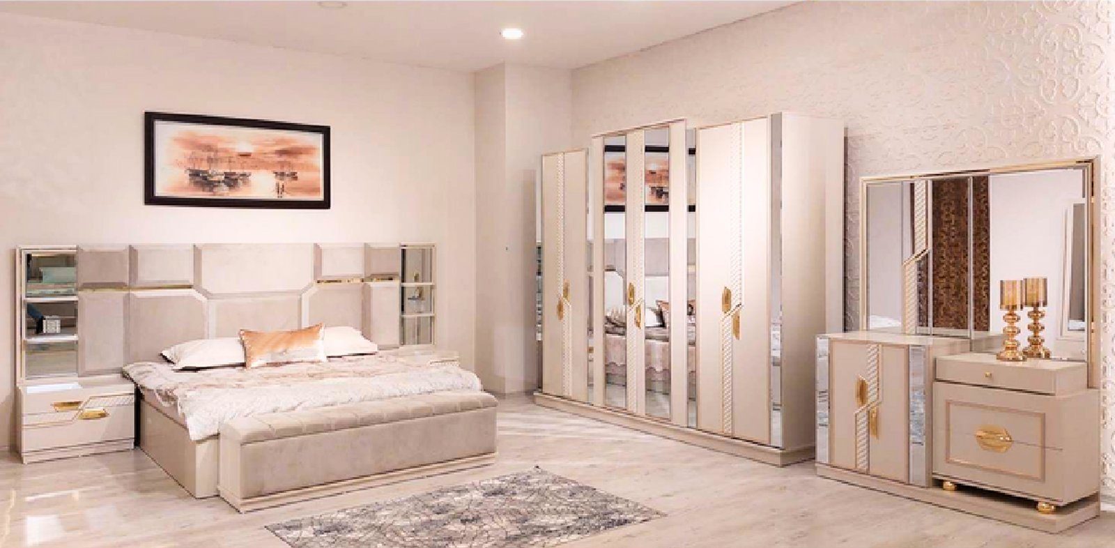 JVmoebel Schlafzimmer-Set Schlafzimmer Set Modern Doppelbett 2x Nachttische Luxus Kleiderschrank, (6-St., Bett, 2x-Nachttische, Kleiderschrank, Schminktisch, Bank)