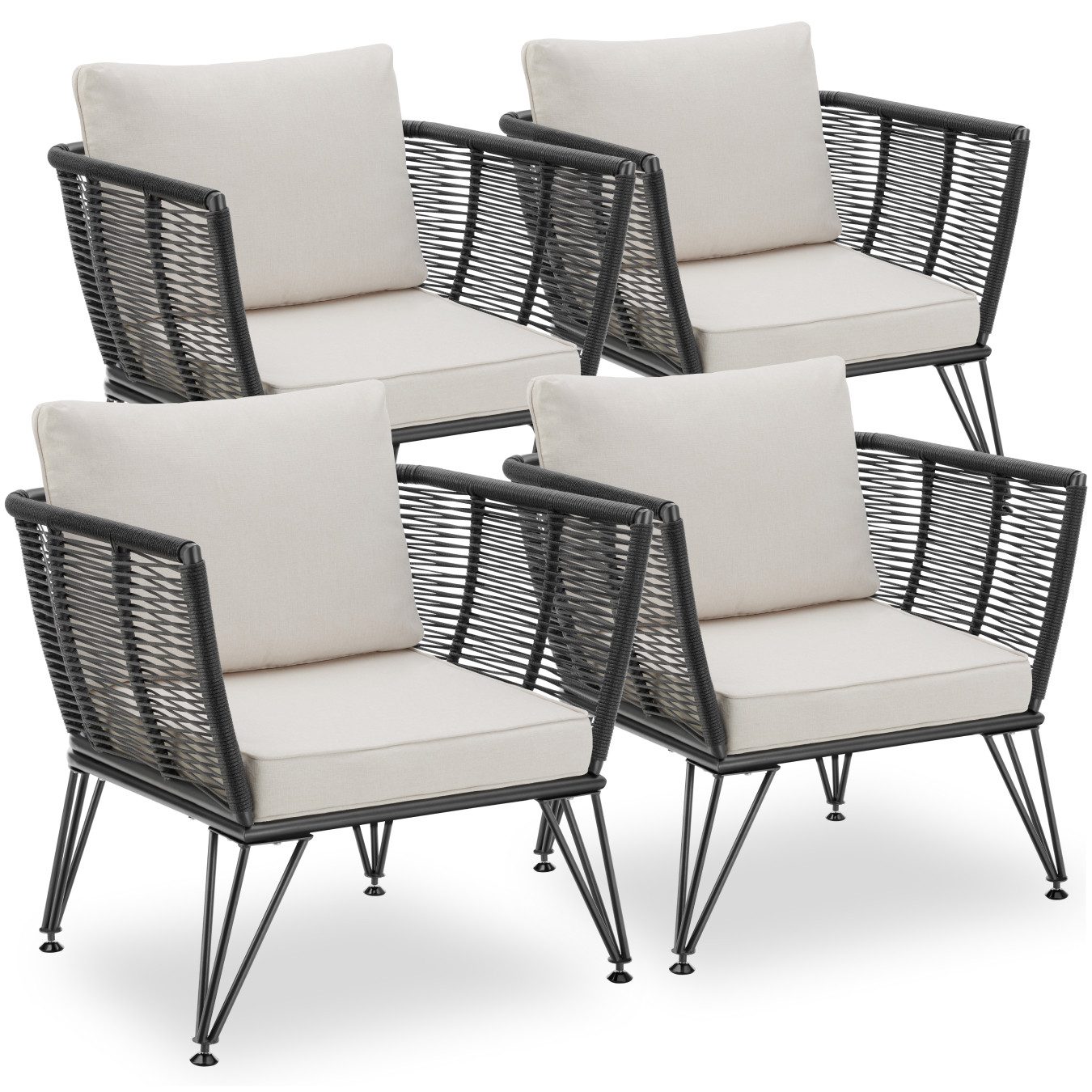tectake Essgruppe Garten-Loungesessel, je 120 kg Belastbarkeit, 75,5 x 67 x 71 cm, (Gartensessel Sundo, 4-tlg., Rope-Design in anthrazit), Dicke Sitzpolster, abnehmbare Polyesterbezüge, höhenverstellbare Füße
