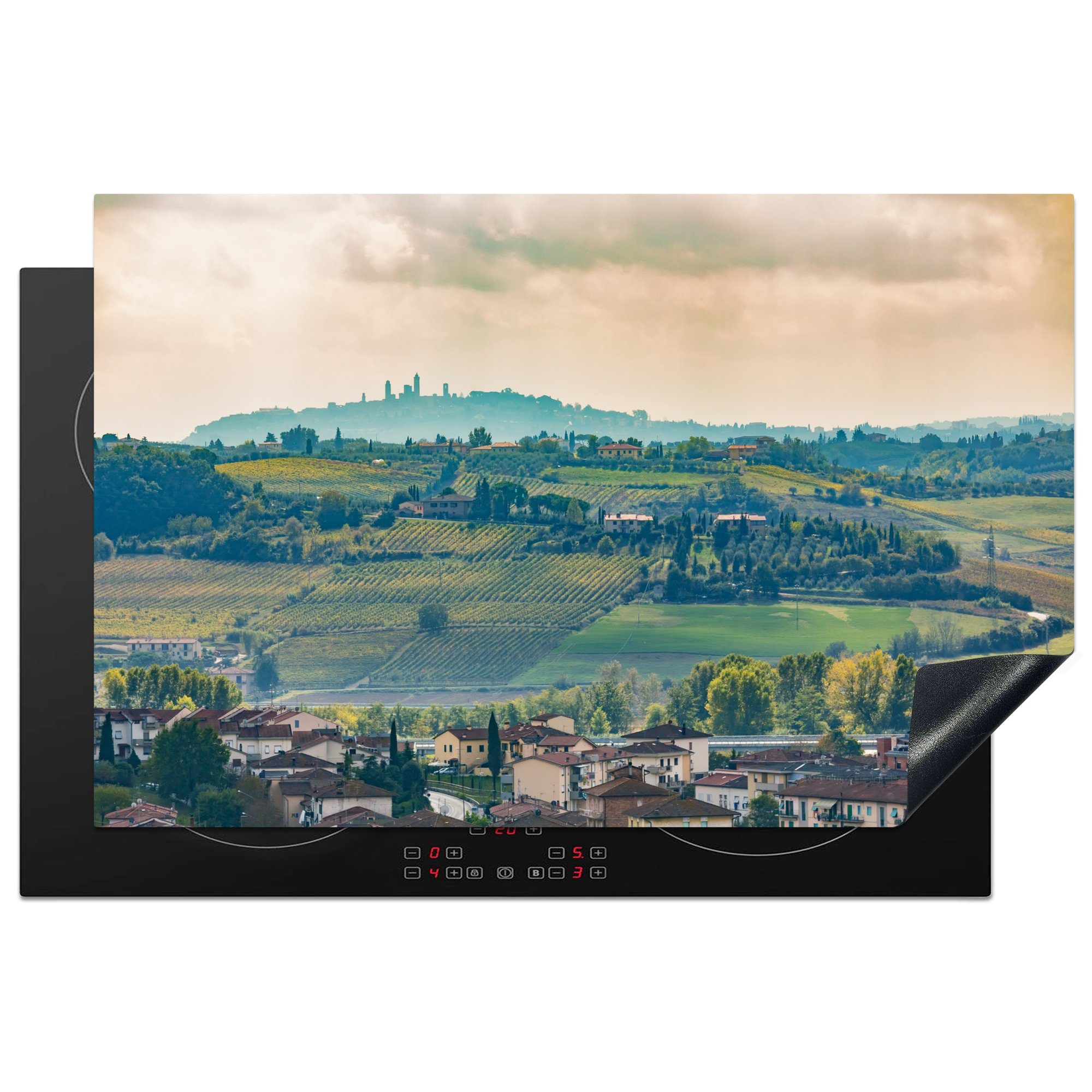 MuchoWow Herdblende-/Abdeckplatte Natur der Toskana mit der Silhouette von San Gimignano, Vinyl, (1 tlg), 81x52 cm, Induktionskochfeld Schutz für die küche, Ceranfeldabdeckung