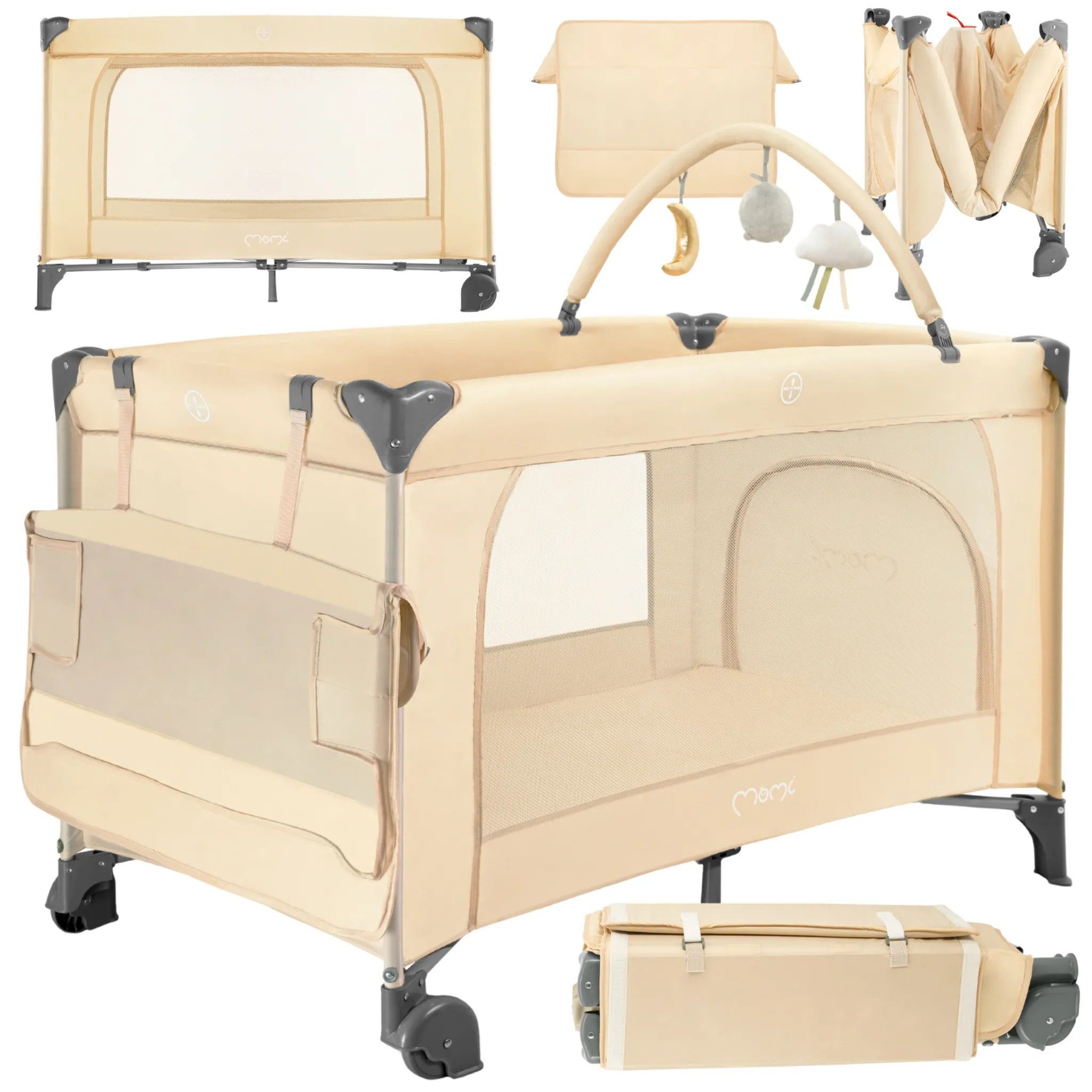 MoMi Baby-Reisebett BELOVE PLUS Babyreisebett mit Matratze, Spielbogen, Wickeltisch, Beige