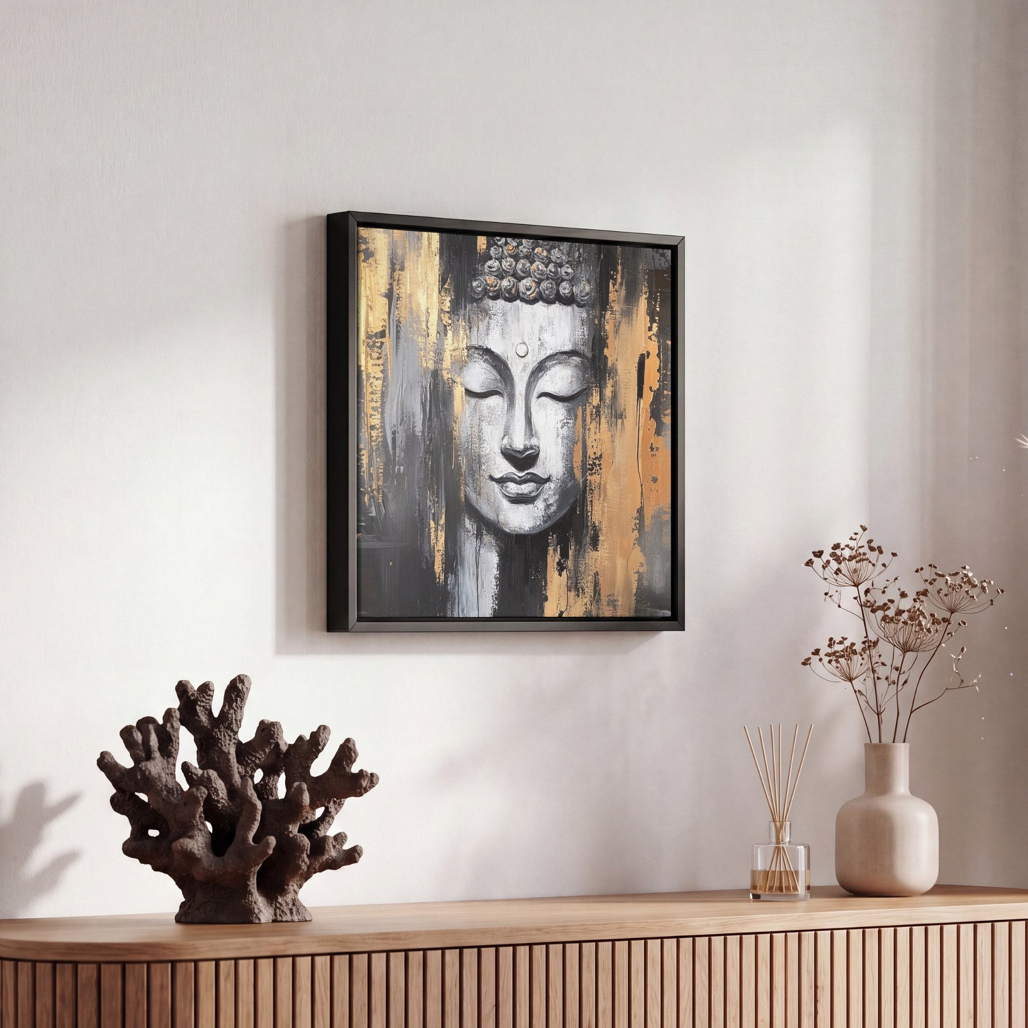 OneMillionCanvasses® Leinwandbild mit Rahmen - Buddha - Pinselstriche - Gold - Abstrakt, Fotodruck (1 St), Leinwand Bilder Klein, Wand Dekoration Aesthetic 20x2 – Bild 5 von 5