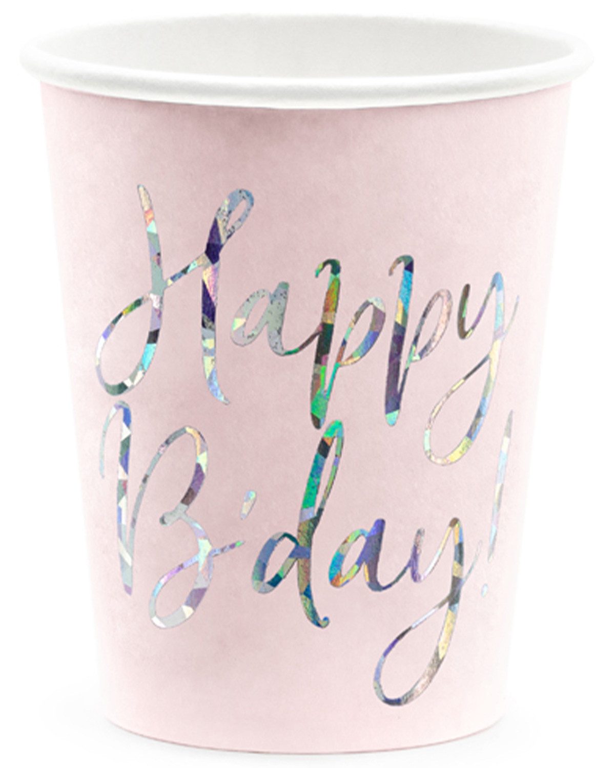 partydeco Einwegbecher 6 Pappbecher 'Happy B'day' 220 ml, Hell-Puderrosa, Papier, Pappe
