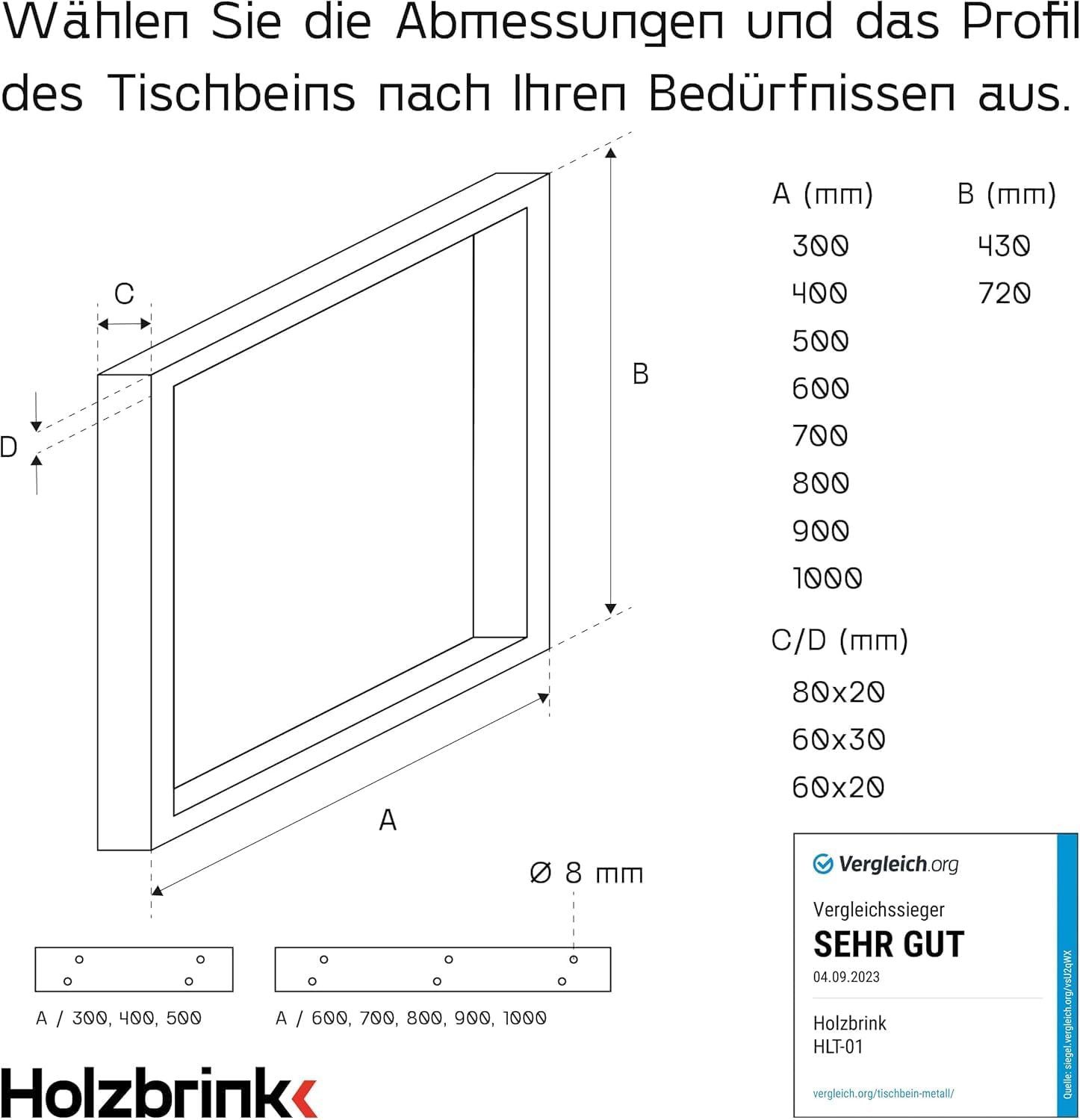 HOLZBRINK Tischbein Tischgestell Möbelfüße Tischuntergestell inkl. Bodenschoner HLT-01, Tischkufen Industriestahl pulverbeschichtet