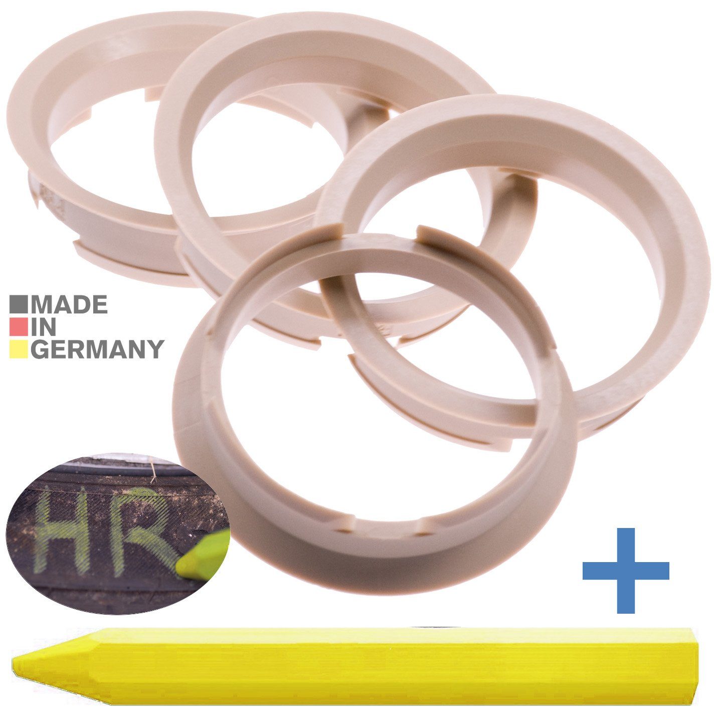 RKC Reifenstift 4X Zentrierringe Beige Felgen Ringe + 1x Reifen Kreide Fett Stift, Maße: 63,4 x 56,6 mm