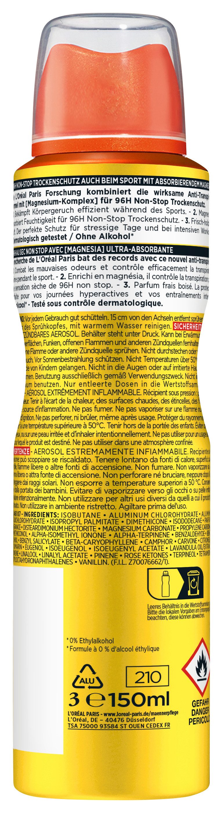 L'ORÉAL PARIS MEN EXPERT Deo-Spray Deo Spray Invincible Sport, Packung, 6-tlg., mit hoher Zuverlässigkeit