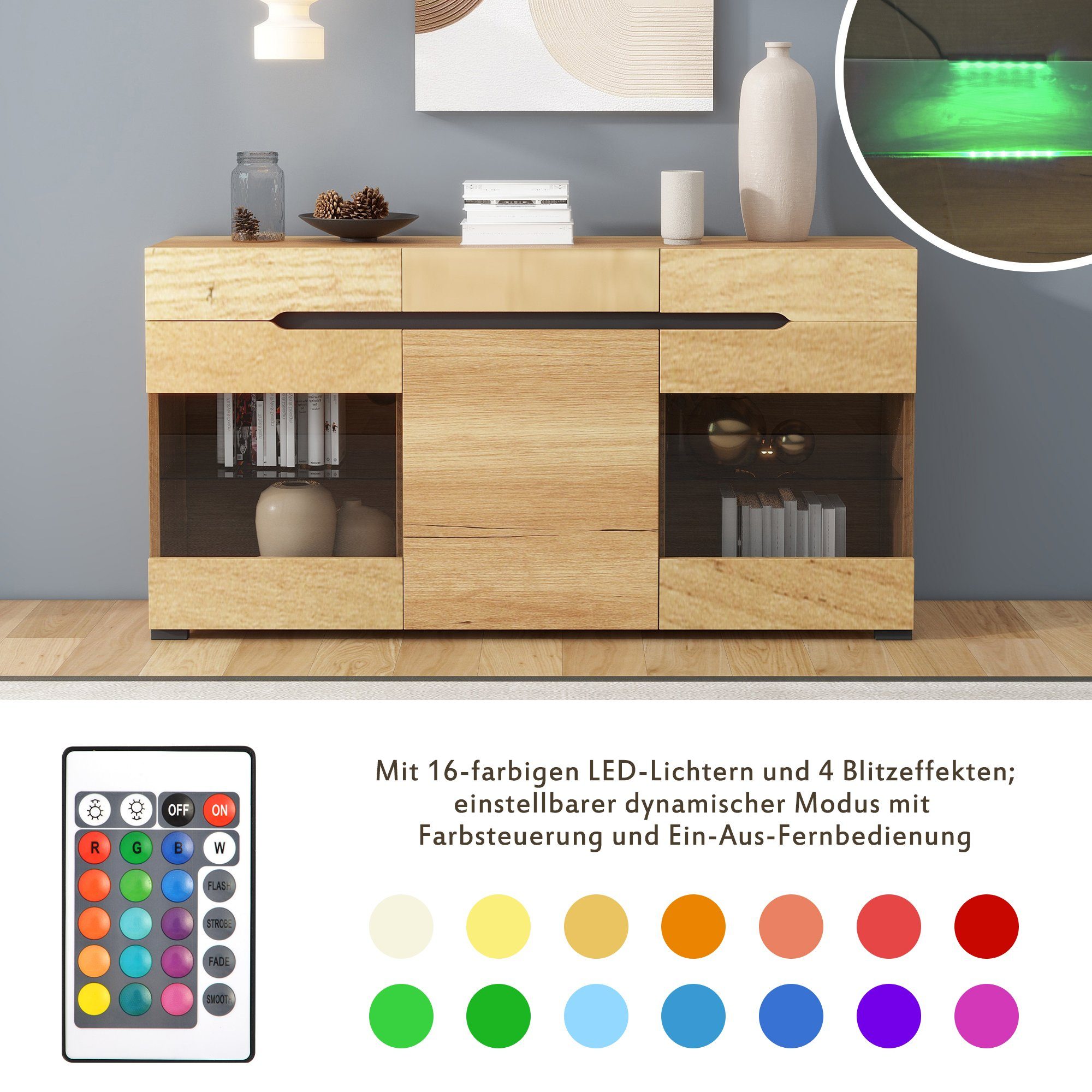 Merax Sideboard Wildeiche Farbe mit LED, günstig online kaufen