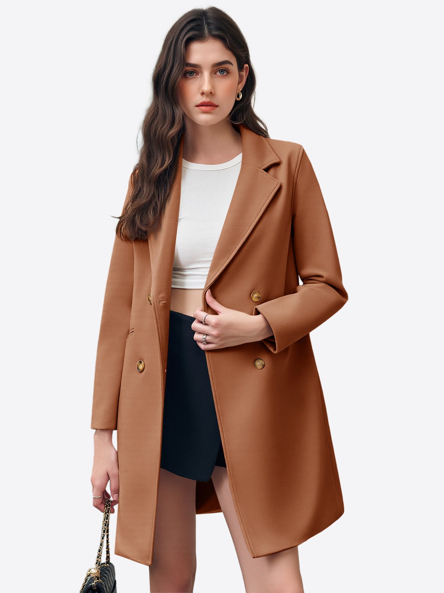 Imily Bela Langmantel Zweireihige Damen Trenchcoat mit Revers (Packung, 1-tlg., 1per-Pack) 2 Taschen