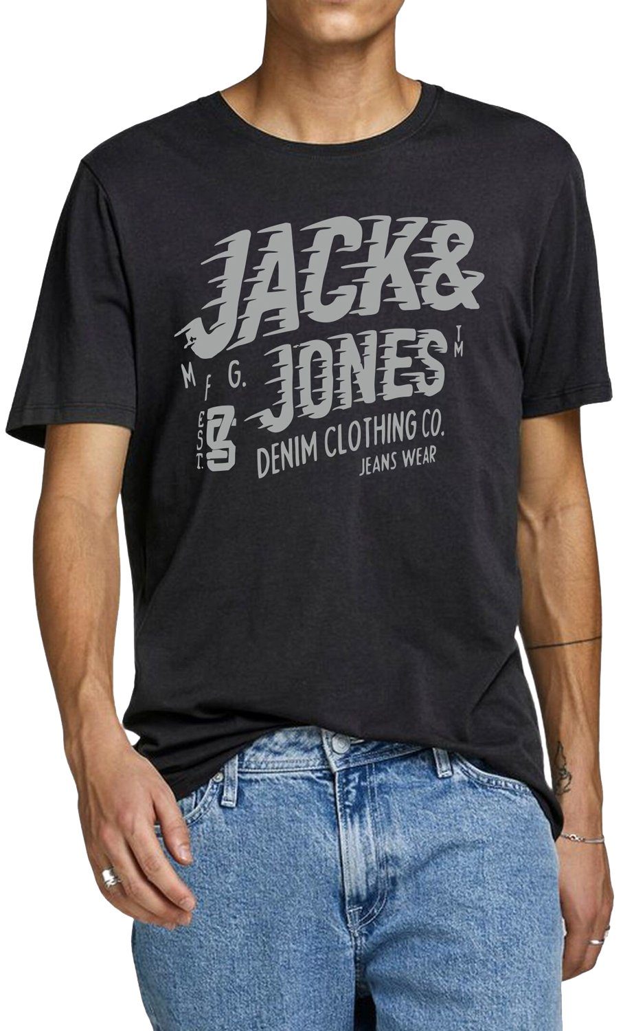 Print-Shirt Rundhalsausschnitt Jack Jones OPT1 Black & Fit T-Shirt mit Regular