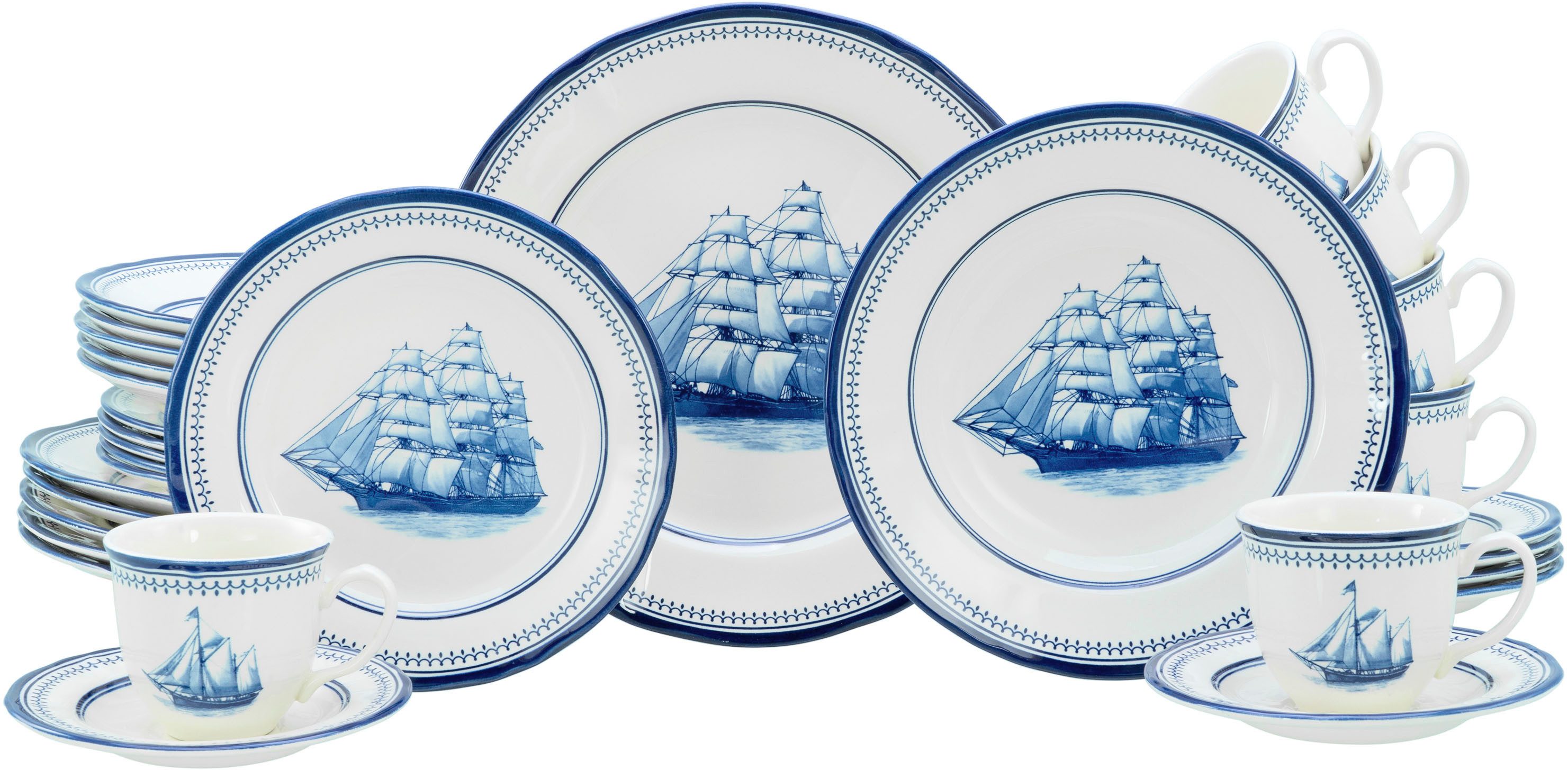 CreaTable Kombiservice Segelschiff, Service 30-tlg. (30-tlg), 6 Personen, Steingut, Elegante Fahnenform, Schiffsdekor