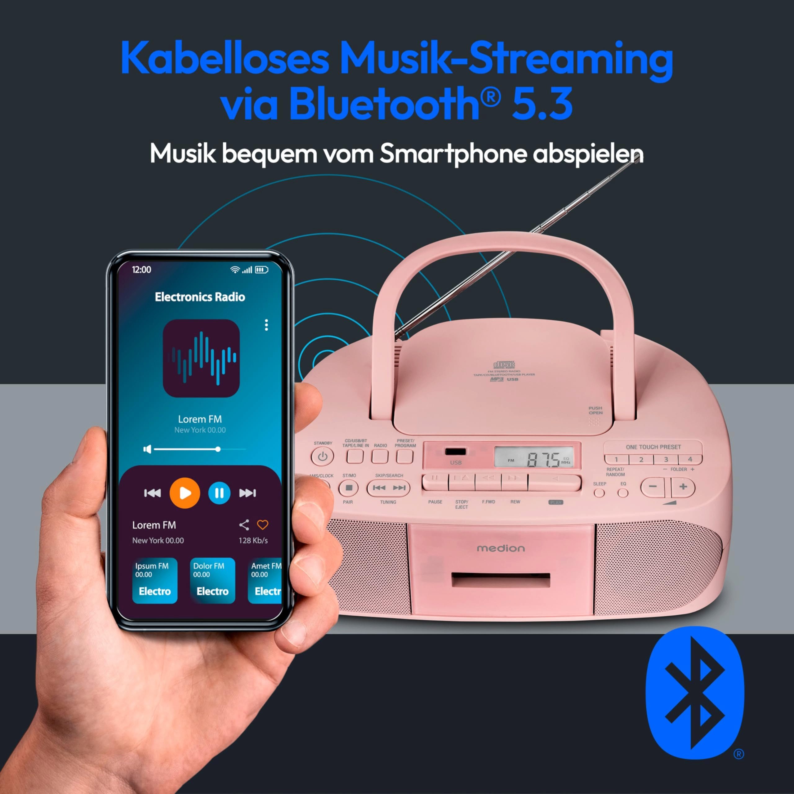 Medion® LIFE® E65010 Radio (Tragbare Boombox mit CD, Kassette und USB)