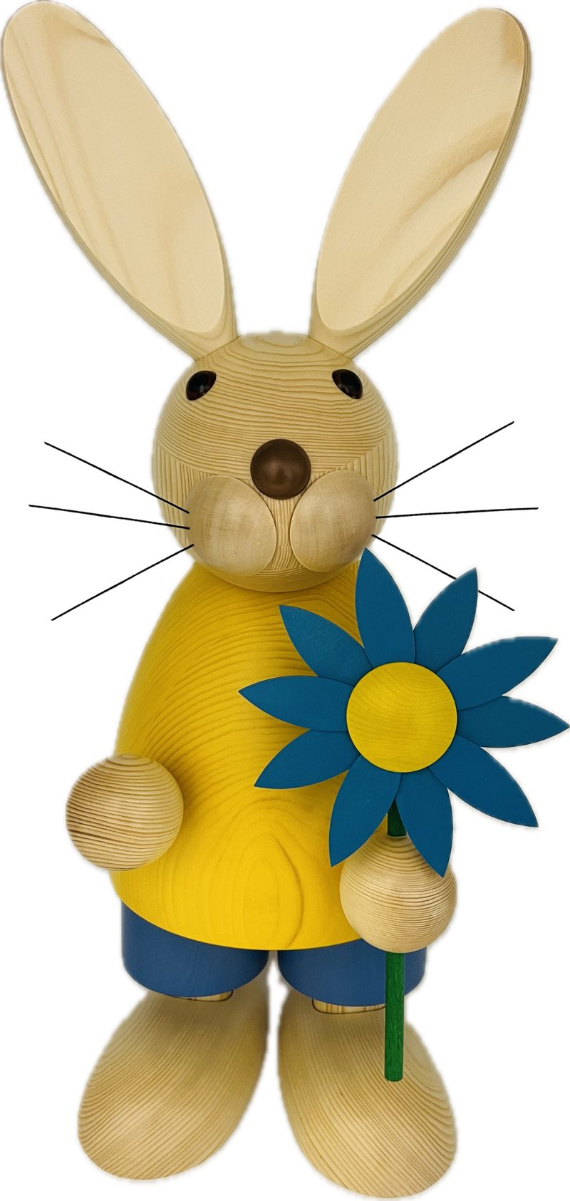 Richard Glaesser Osterhase XXL gelb mit blauer Blume, Höhe 63cm, Handwerkskunst original Erzgebirge