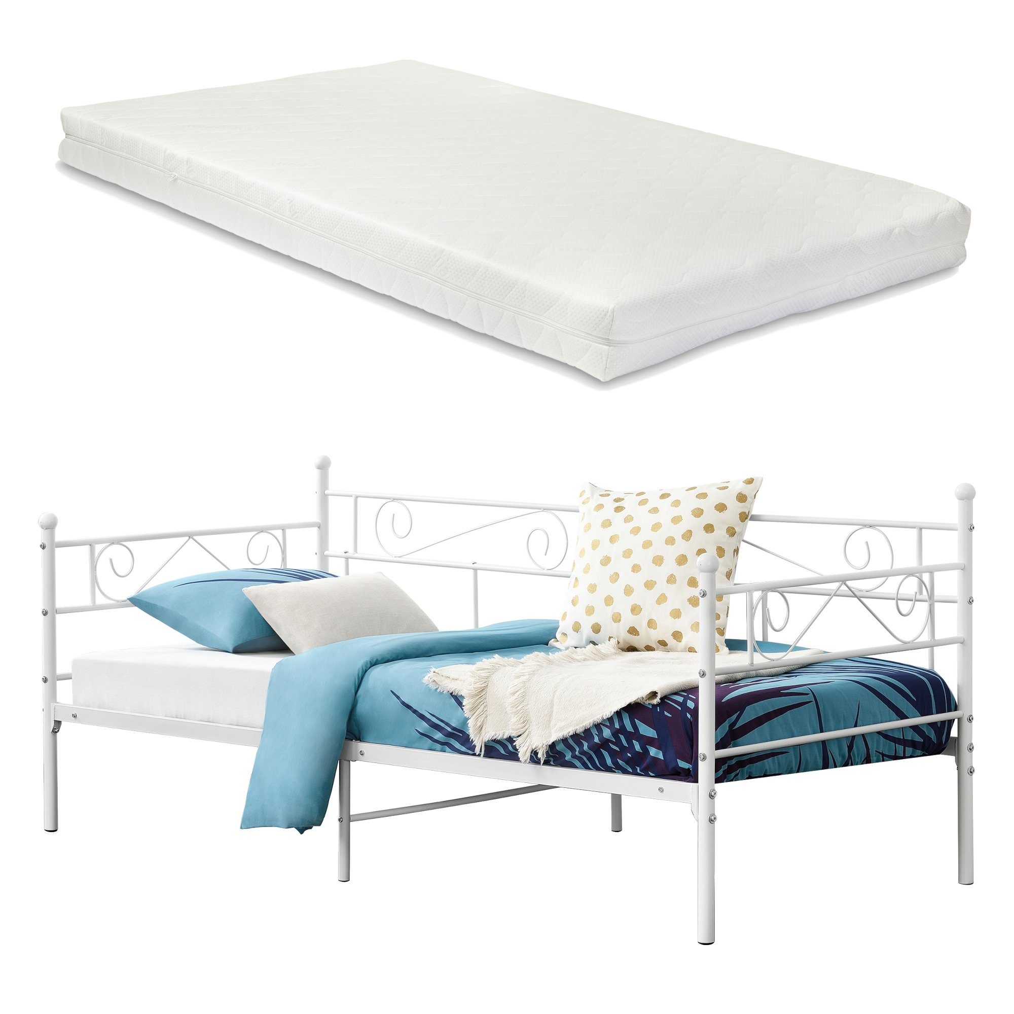 en.casa Metallbett, »Kerava« mit Matratze 90x200 cm Weiß