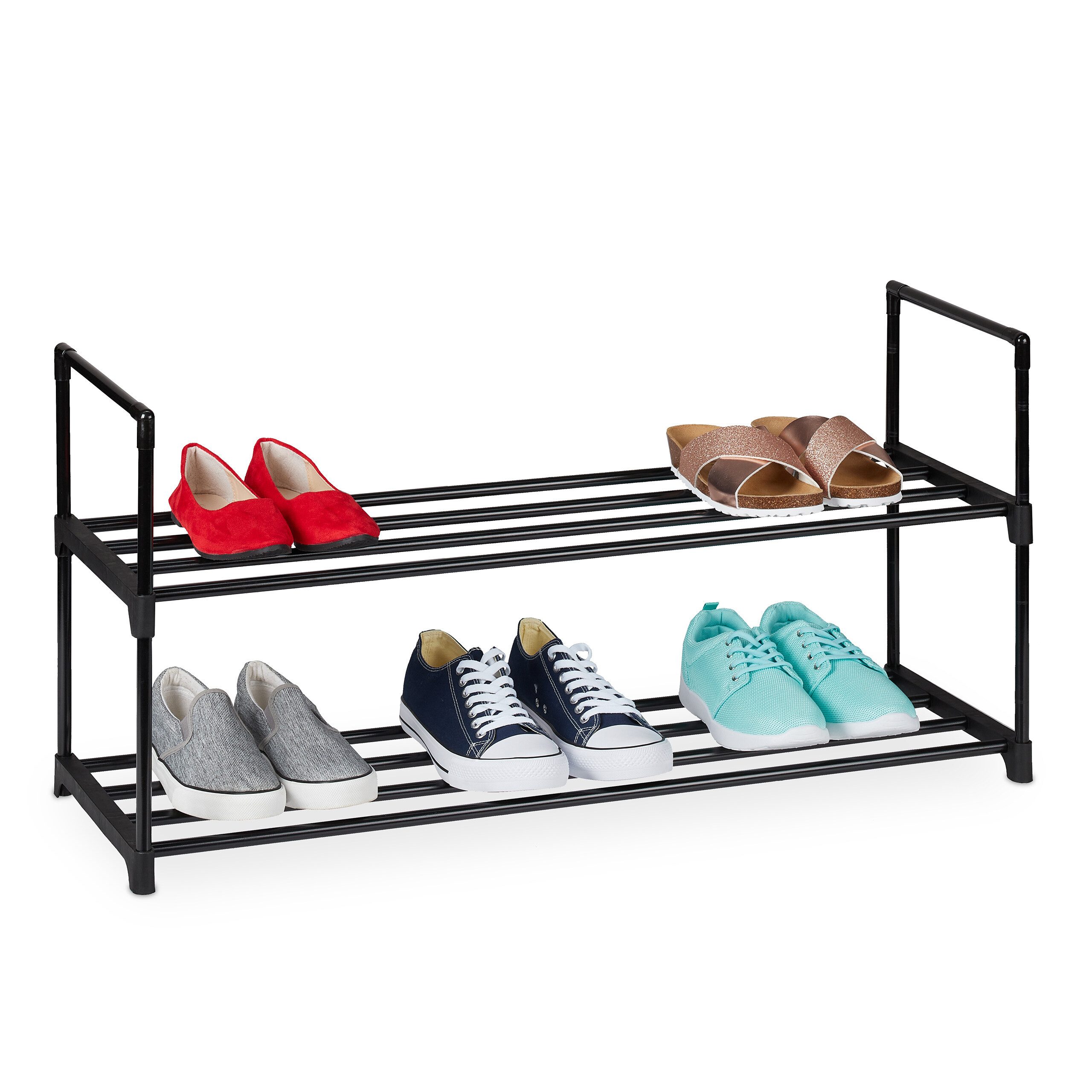 relaxdays Schuhregal Metall, schwarz, 2 Ebenen, 92 cm