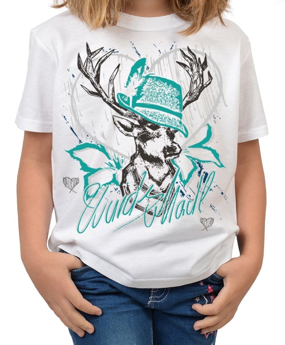 / T-Shirt Hirsch Madl Trachten Shirts : Mode T-Shirt Mädchen Shirt Tini Volksfest Wuids türkis) - (Hut Trachten-Motiv Mädchen für