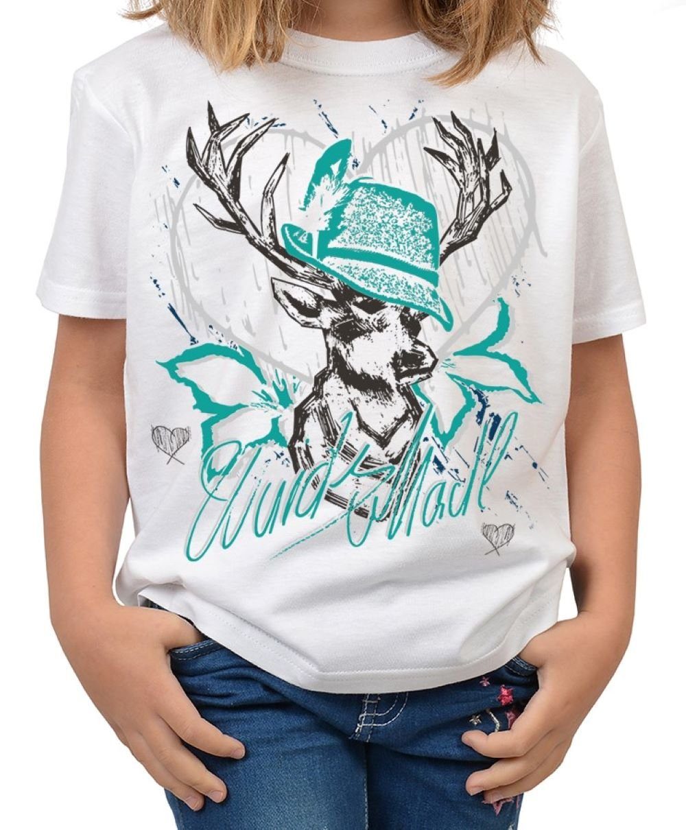 Tini - Shirts T-Shirt Mädchen Trachten Shirt Trachten-Motiv Hirsch T-Shirt Mädchen : Wuids Madl (türkis)
