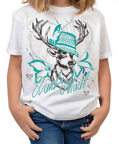 Tini - Shirts T-Shirt Mädchen Trachten Shirt Trachten-Motiv Hirsch T-Shirt für Mädchen : Wuids Madl (Hut türkis) / Volksfest Mode