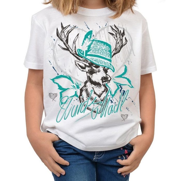 Tini - Shirts T-Shirt Mädchen Trachten Shirt Trachten-Motiv Hirsch T-Shirt für Mädchen : Wuids Madl (Hut türkis) / Volksfest Mode