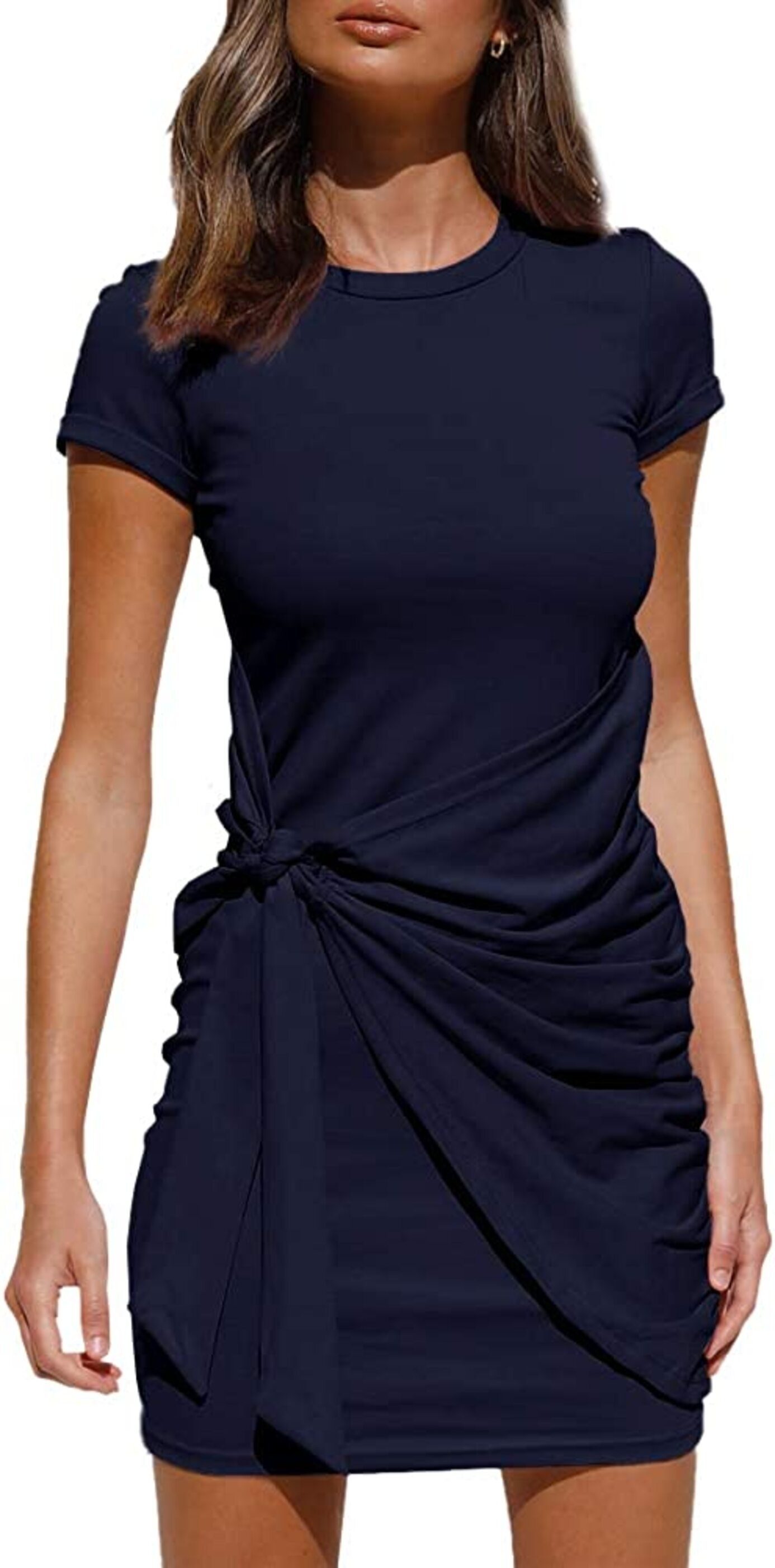 Mmgoqqt Shirtkleid »Damen Sommerkleider Casual Kurzarm Minikleid Solide  Elegant Geraffte Krawatte Taille T Shirt Tunika Kleid (L)«