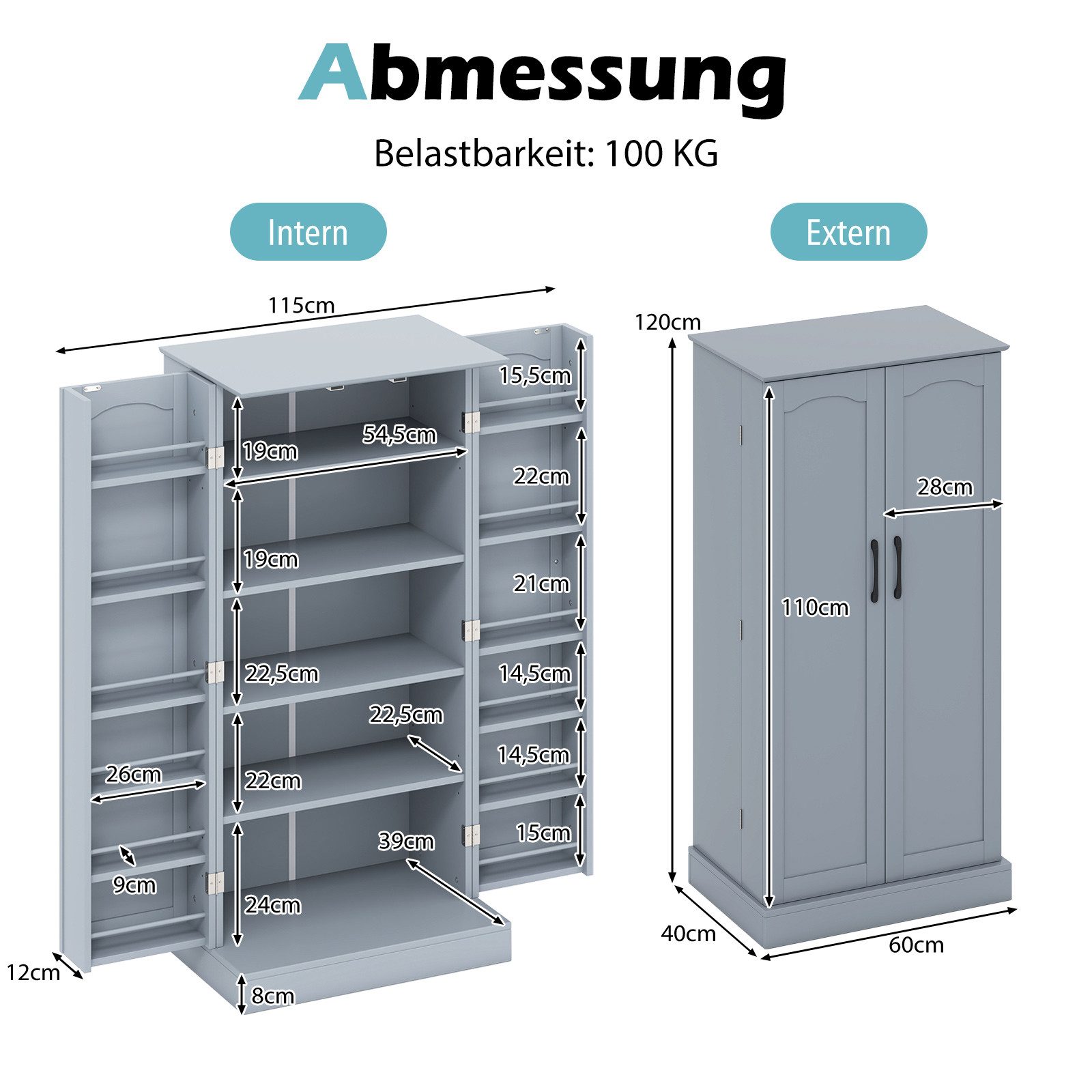 COSTWAY Küchenbuffet Küchenschrank Vorratsschrank mit verstellbarer Ablage, 60x40x120cm – Bild 5 von 5